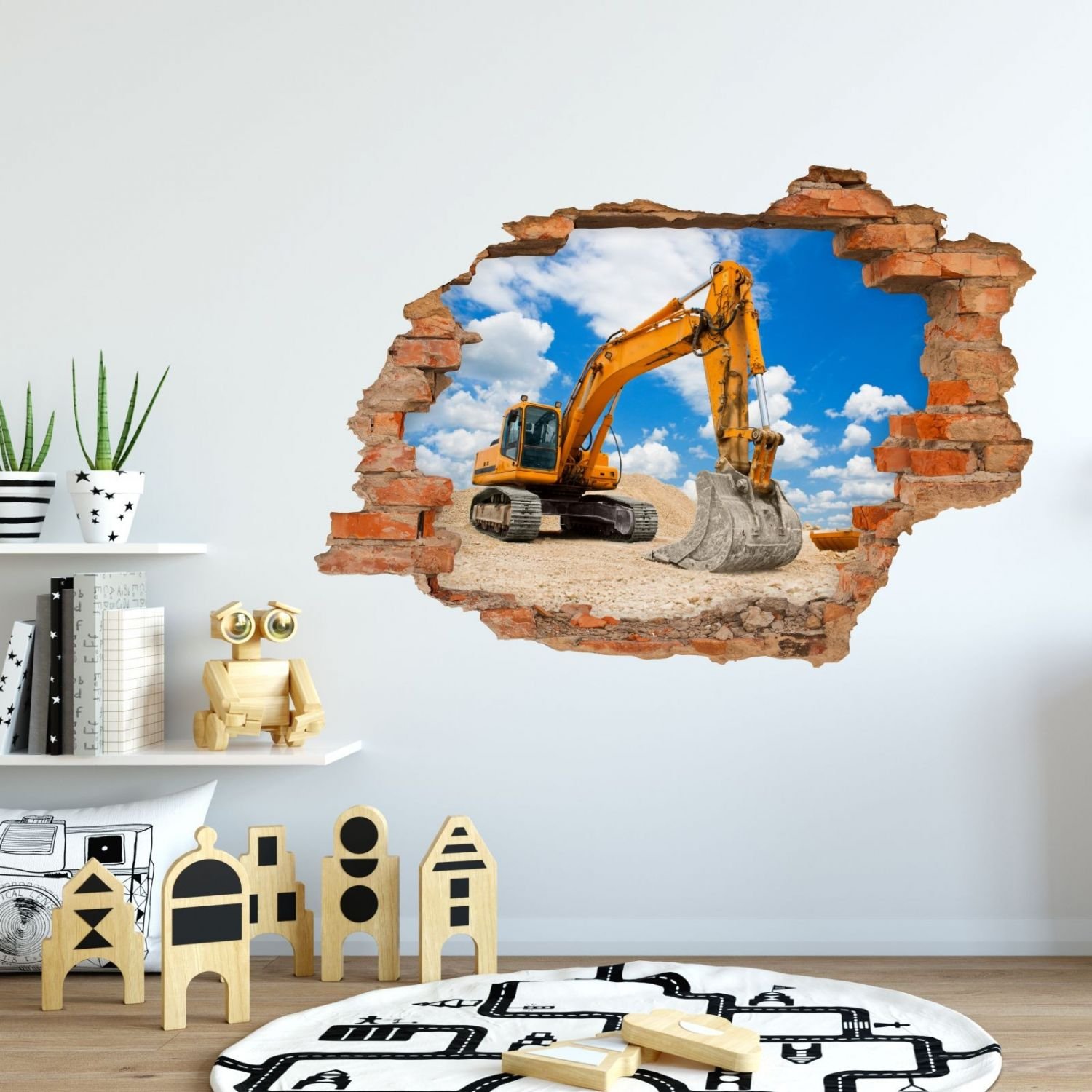 nikima 049 Wandtattoo Bagger Baustelle - Loch in der Wand - in 6 Größen - coole Kinderzimmer Sticker und Aufkleber Wanddeko Wandbild Junge Mädchen Größe 1750 x 1210 mm
