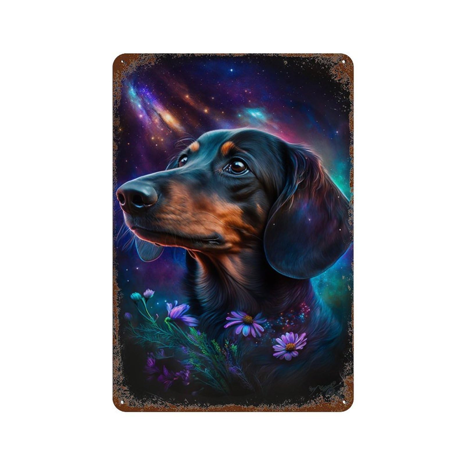 Decorative Tin Sign with Cosmic Dachshund with Flowers-1 Design 11.8"x7.9", for Basement, Hobby Room And Garage Decor, Rustic Home Decor