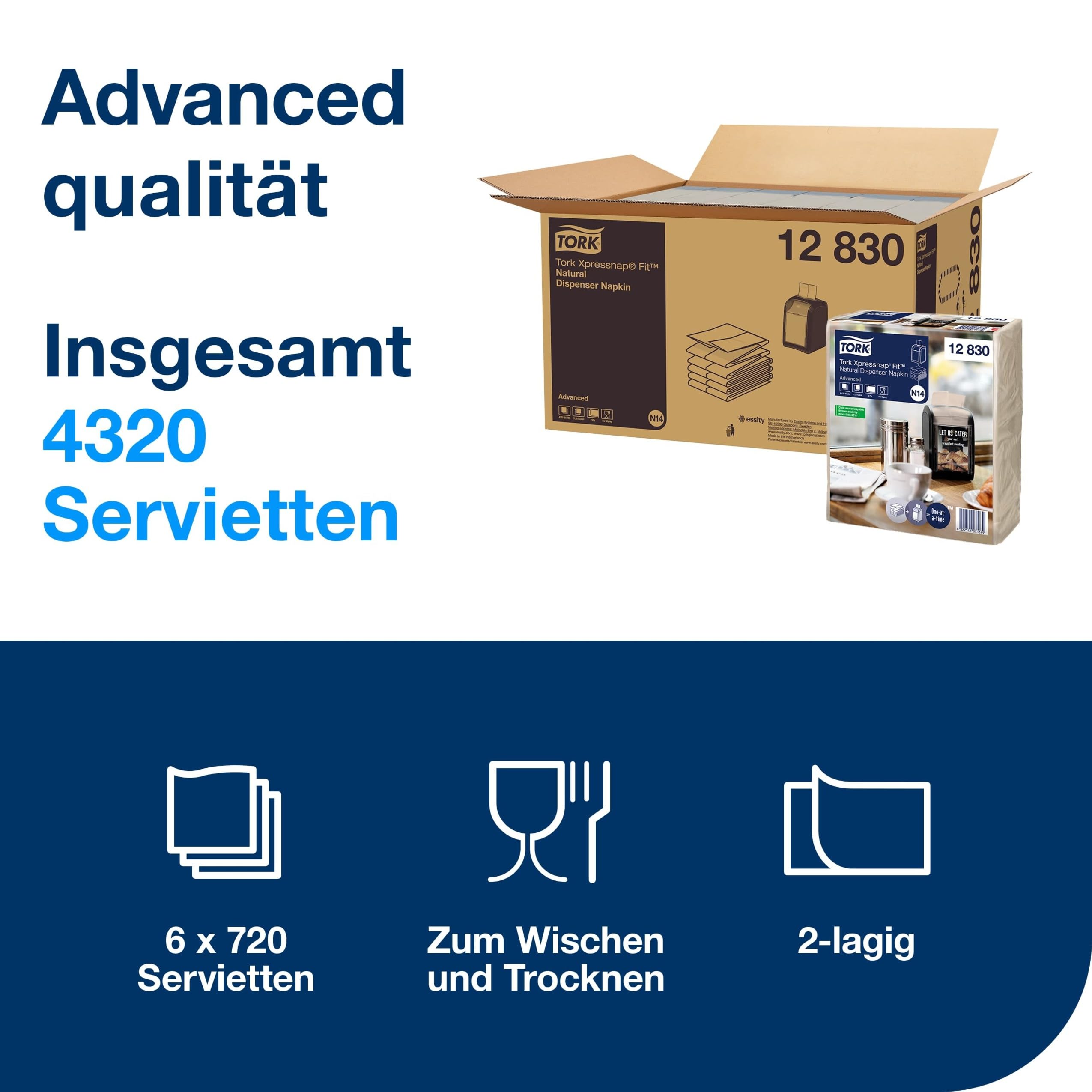 Tork Xpressnap Fit Spenderservietten – 12830 – Servietten zum Nachfüllen für N14 Serviettenspender, Advanced Qualität – 2-lagig, natur – 720 Stück