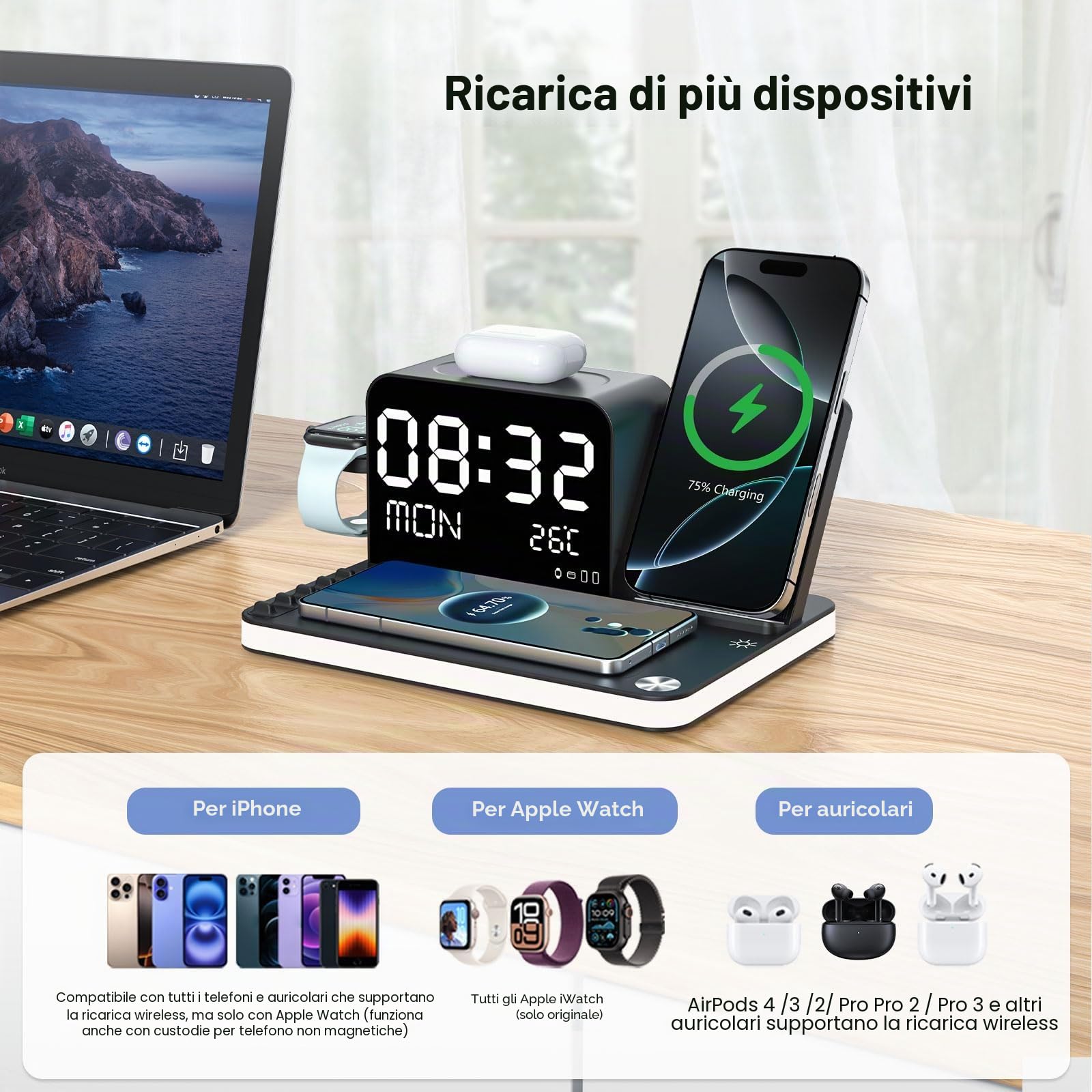 Caricabatterie wireless 7 in 1 con orologio, temperatura e data, compatibile con iPhone 17/16/15/14/13 Pro Max, AirPods e Apple Watch, compatibile con Samsung S25/S24, luce notturna regolabile, 33W