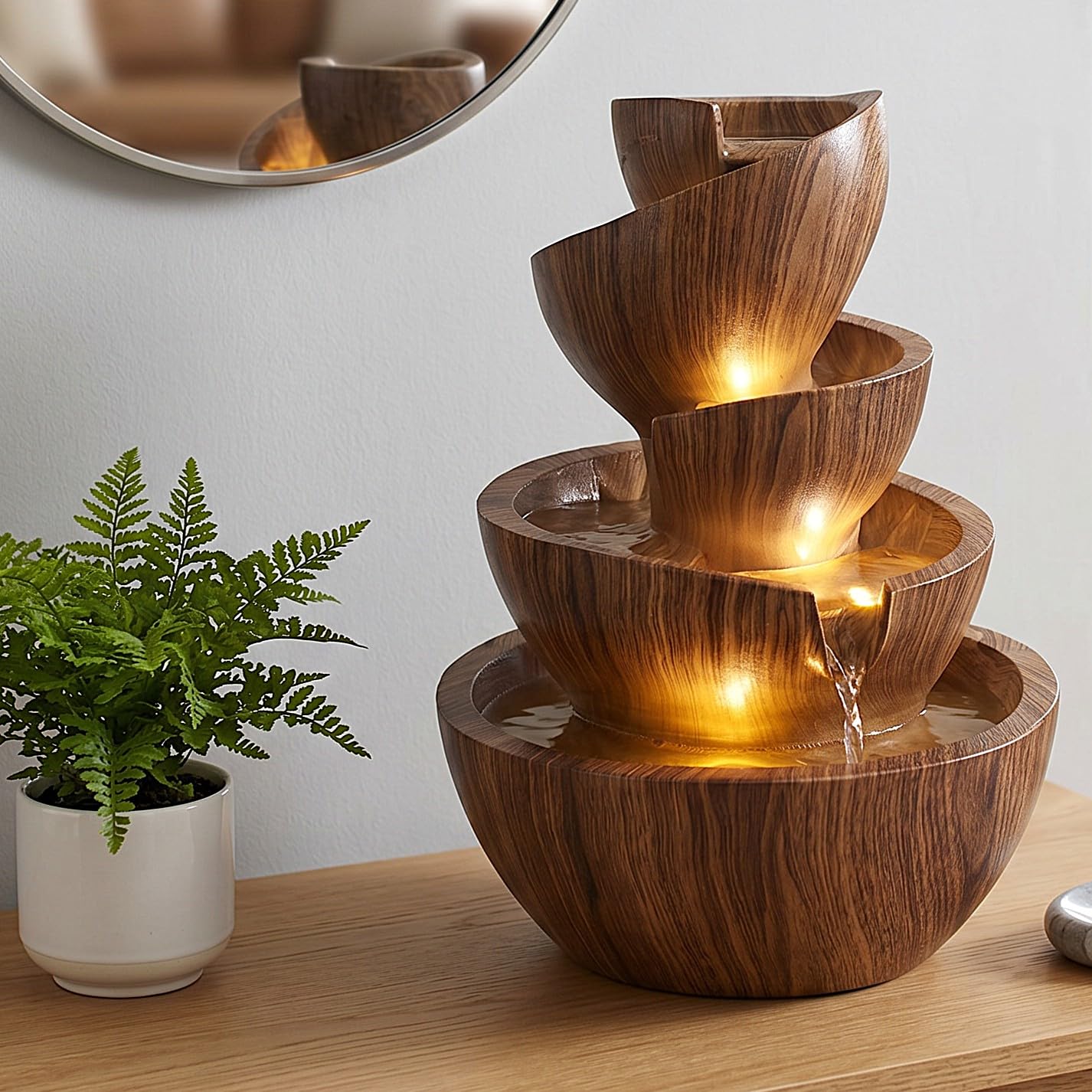 Fontaine d'intérieur à LED - Fontaine d'intérieur et d'extérieur en polyrésine - 39 cm de haut - Avec spots LED blanc chaud - Fontaine de jardin - Fontaine décorative pour salon, bureau et jardin