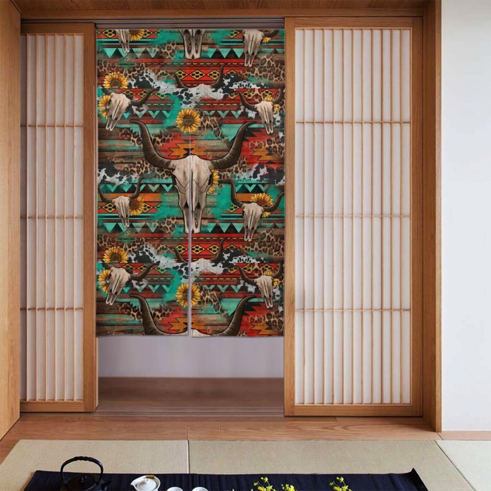 Lukiyys Western Country Aztec Sunflower Cow Bull Skull Door Curtains,Doorways Curtains for Windows,Bedroom Divider 34"X 56"