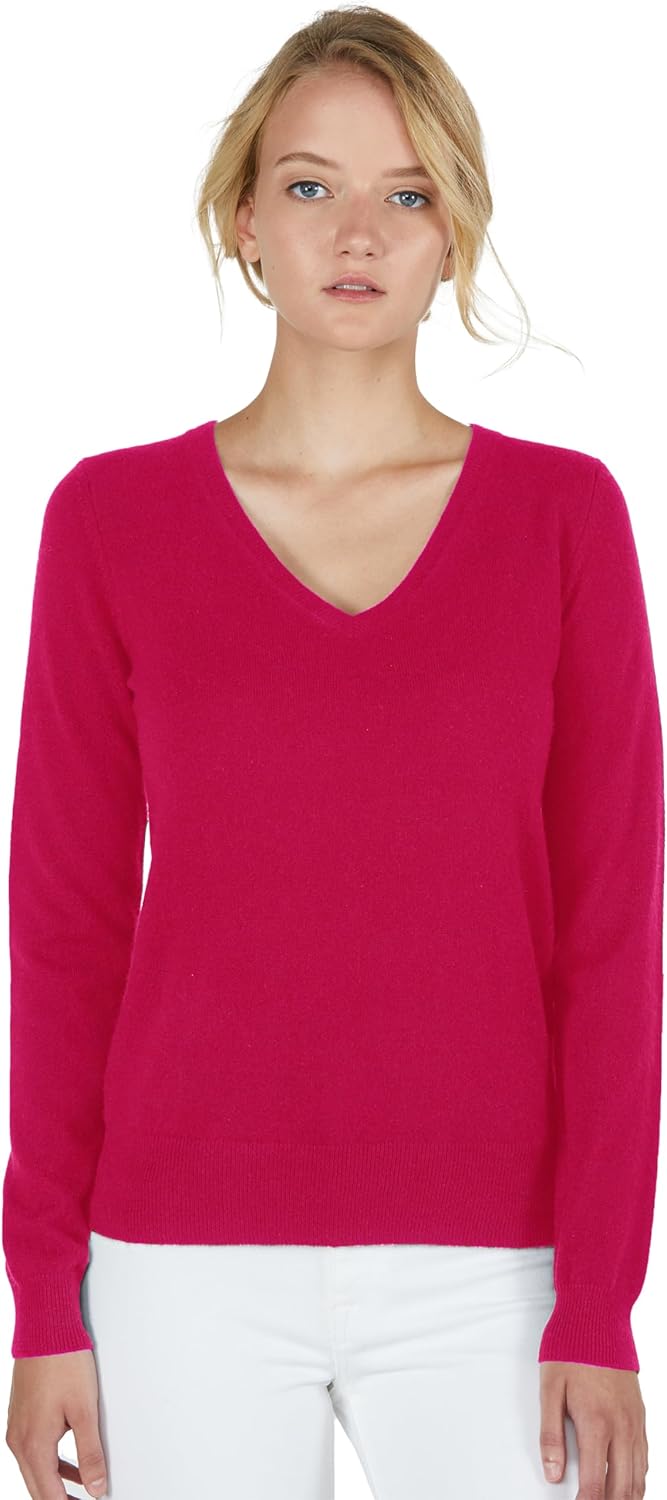 JENNIE LIU Women's 100% Pure Cashmere Long Sleeve Pullover V Neck Sweater