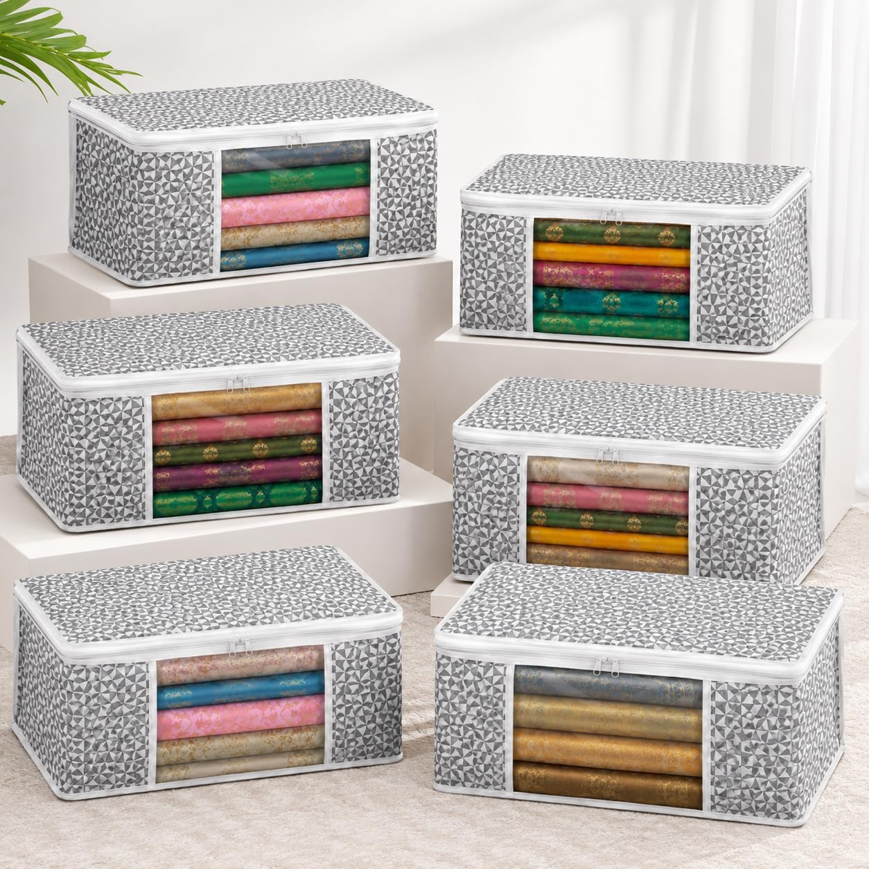 VERVENIX Saree Cover Pack of 6, Grey Cube Pattern Garment Storage Bags with Zipper & Transparent Window, Dustproof Clothes Cover for Sarees, Suits, Dresses, Coats & Shirts