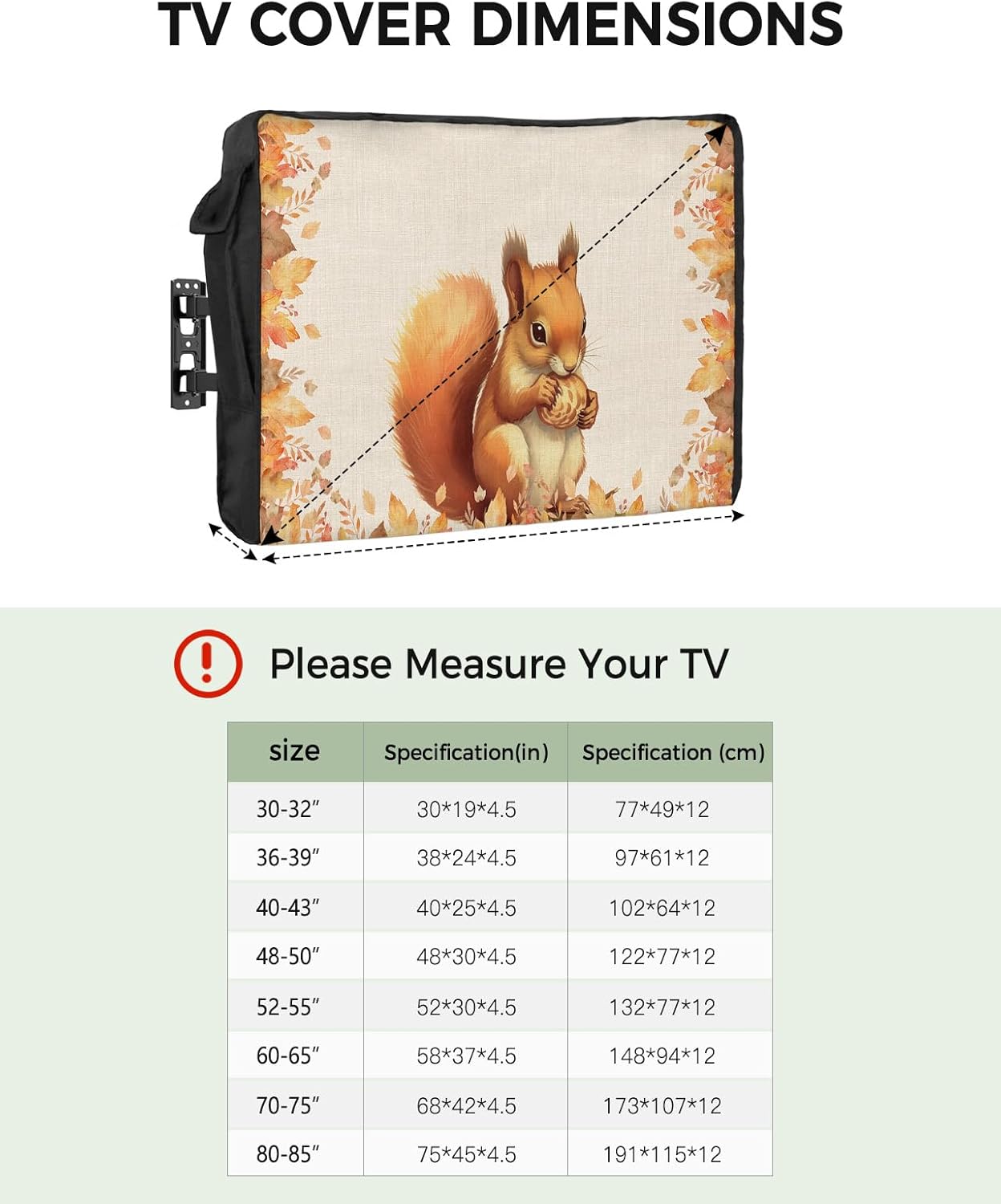 Outdoor TV Cover - Fall Thanksgiving Cute Squirrel with Maple Leaves Waterproof and Weatherproof 70"-75" LCD Movable Shield TV Display Screen Protector Outside Television Covers