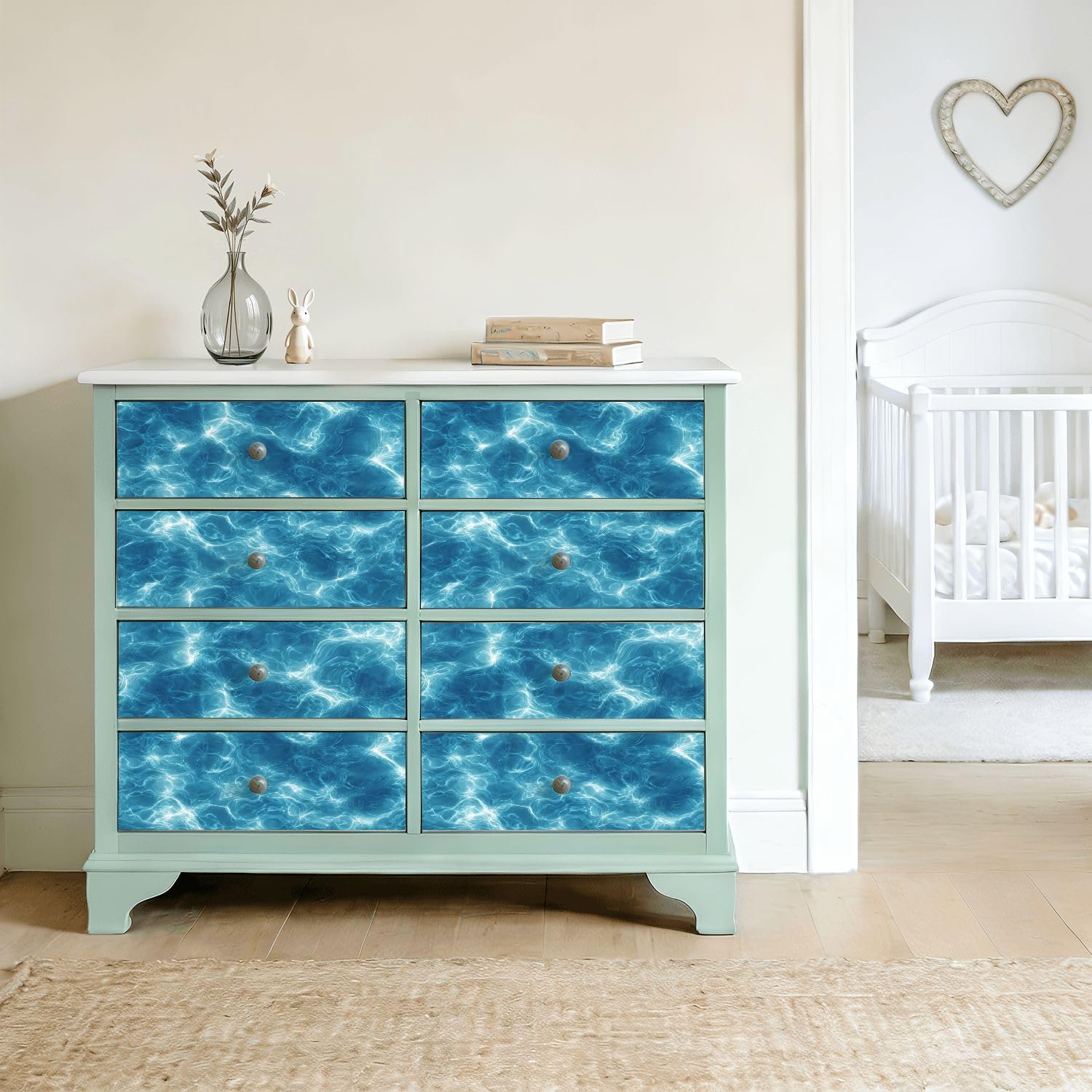Rivestimento per mensole e armadietti, superficie dell'acqua blu, riflessi di luce solare, senza cuciture, autoadesivo, 45 cm x 3 m, carta da parati per armadi da cucina e cassetti