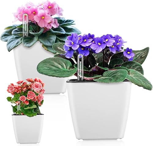 Miniatura 15 de Macetas de riego automático para plantas de interior: paquete de 3 macetas de 5 pulgadas color azul degradado con indicador de nivel de agua