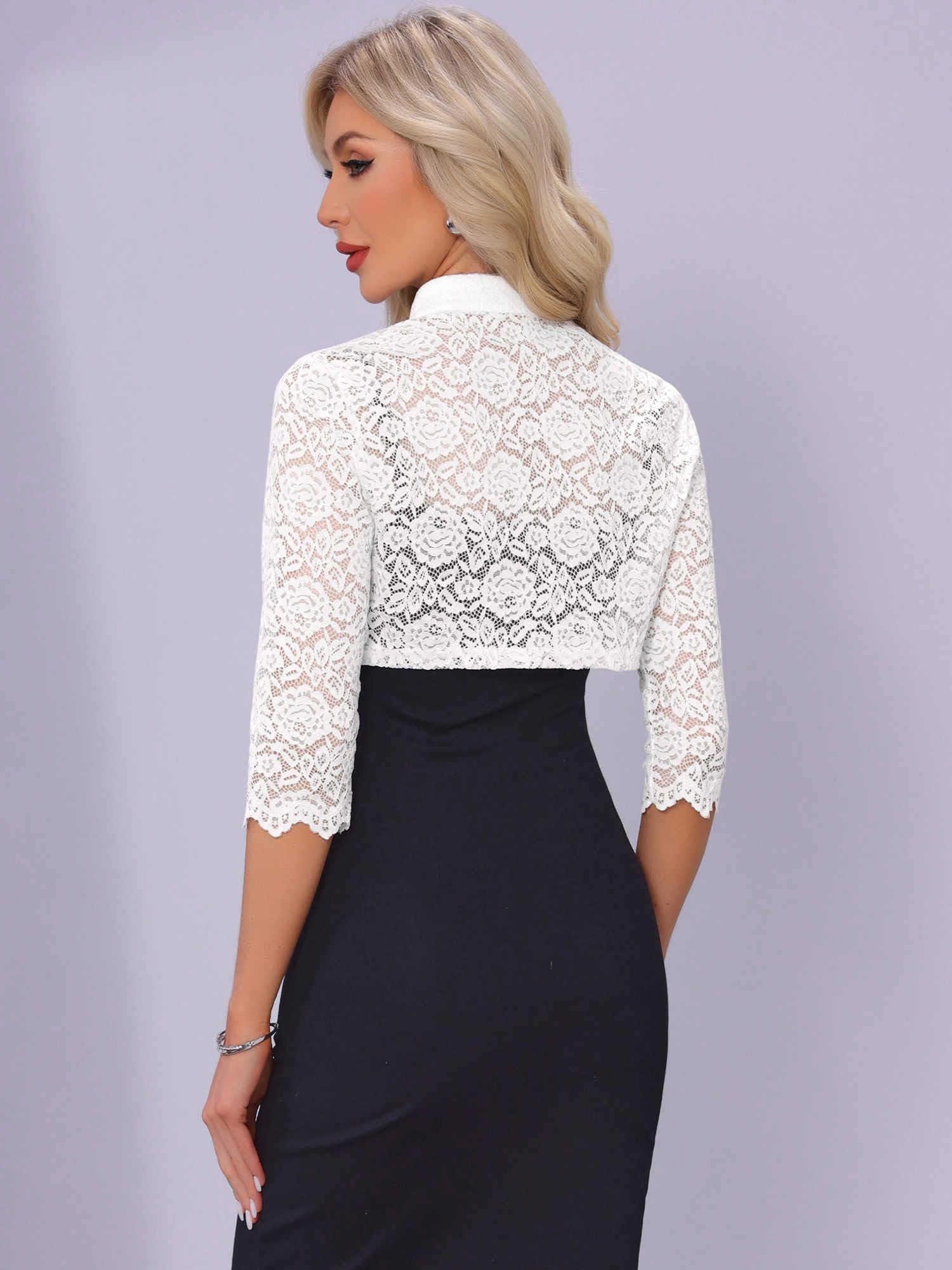 Allegra K Boléro élégant en dentelle pour femme à manches 3/4 et col montant en dentelle florale transparente