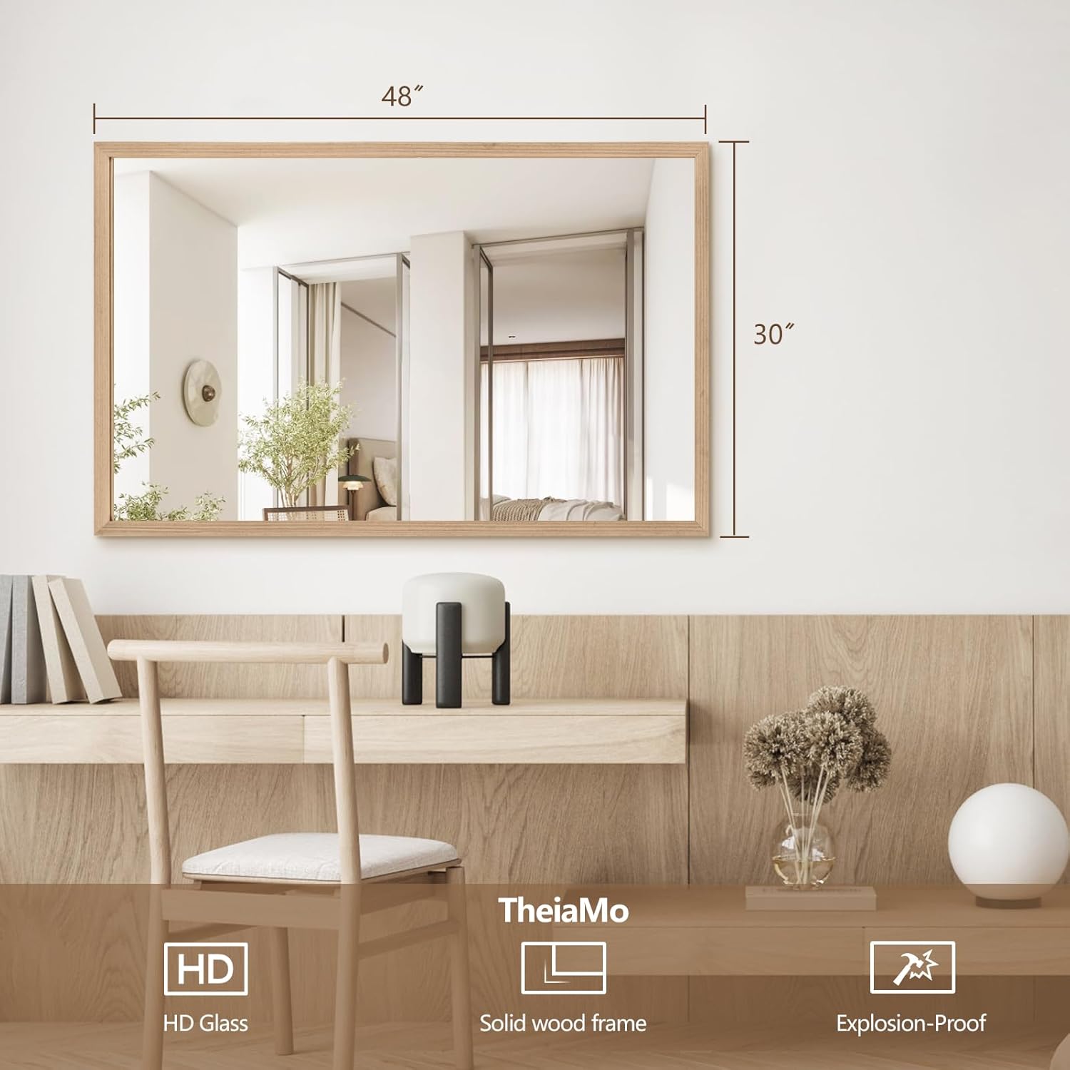 48"x30" Bathroom Mirror with Natural Wood Frame for Wall, Large Rectangle Vanity Mirror Rustic Farmhouse Decor Mirror, Anti-Rust Explosion-Proof, Hangs Horizontally or Vertically, Solid Solid 48"L x 30"W