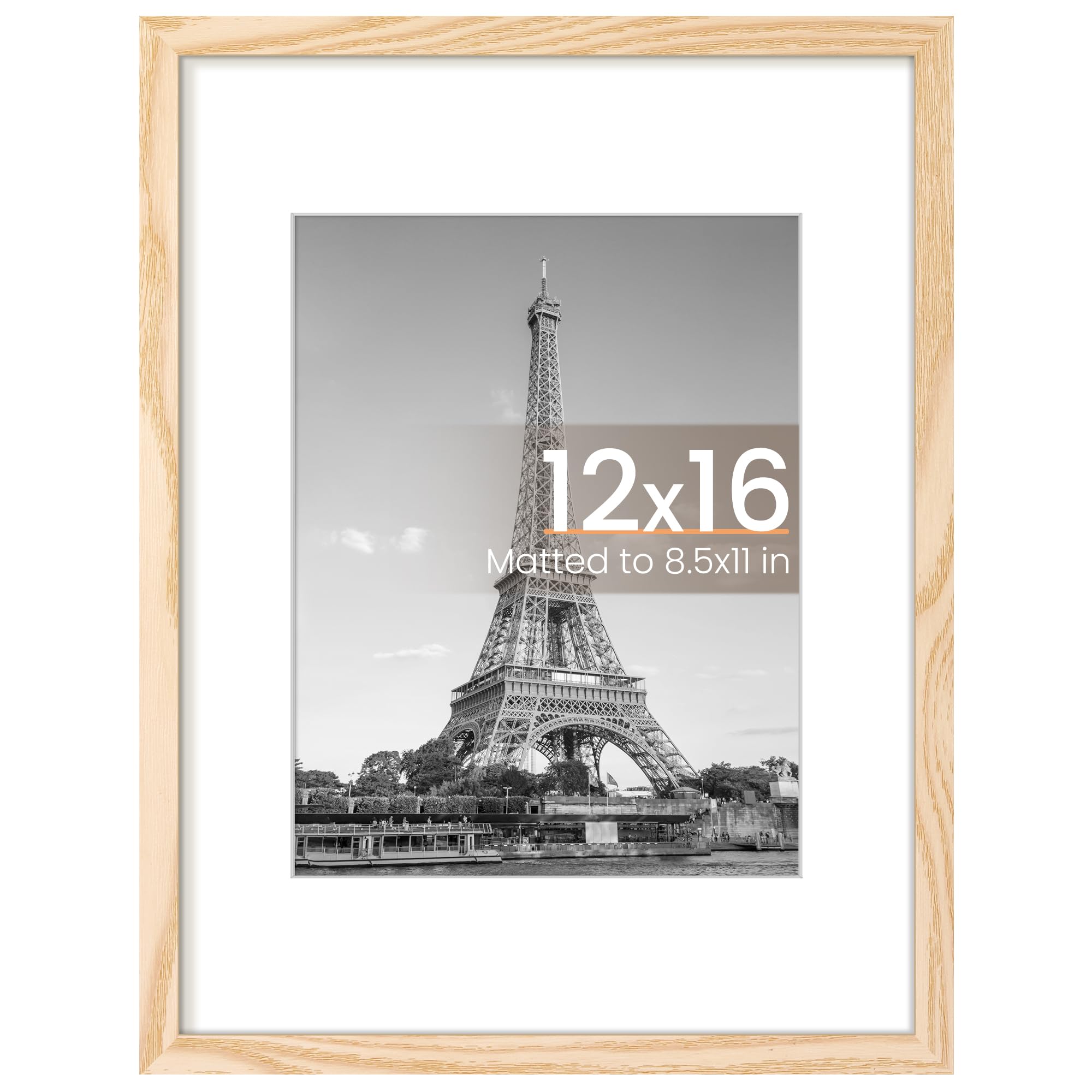 upsimples 12x16 Picture Frame, Display Pictures 8.5x11 with Mat or 12 x 16 Without, Wall Hanging Poster Frames, Natural Style, 1 Pack