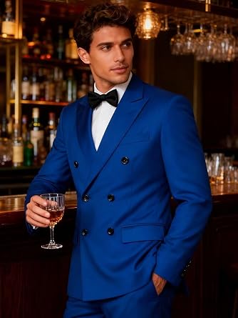 Mens 2 Piece Double Breasted Suit Regular Fit Gold Button Blazer Wedding Prom Formal Suits Set for Men
