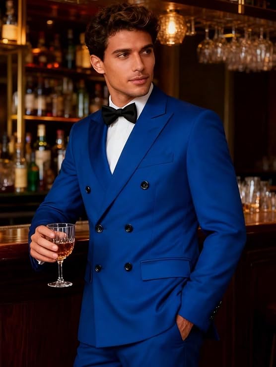 Mens 2 Piece Double Breasted Suit Regular Fit Gold Button Blazer Wedding Prom Formal Suits Set for Men