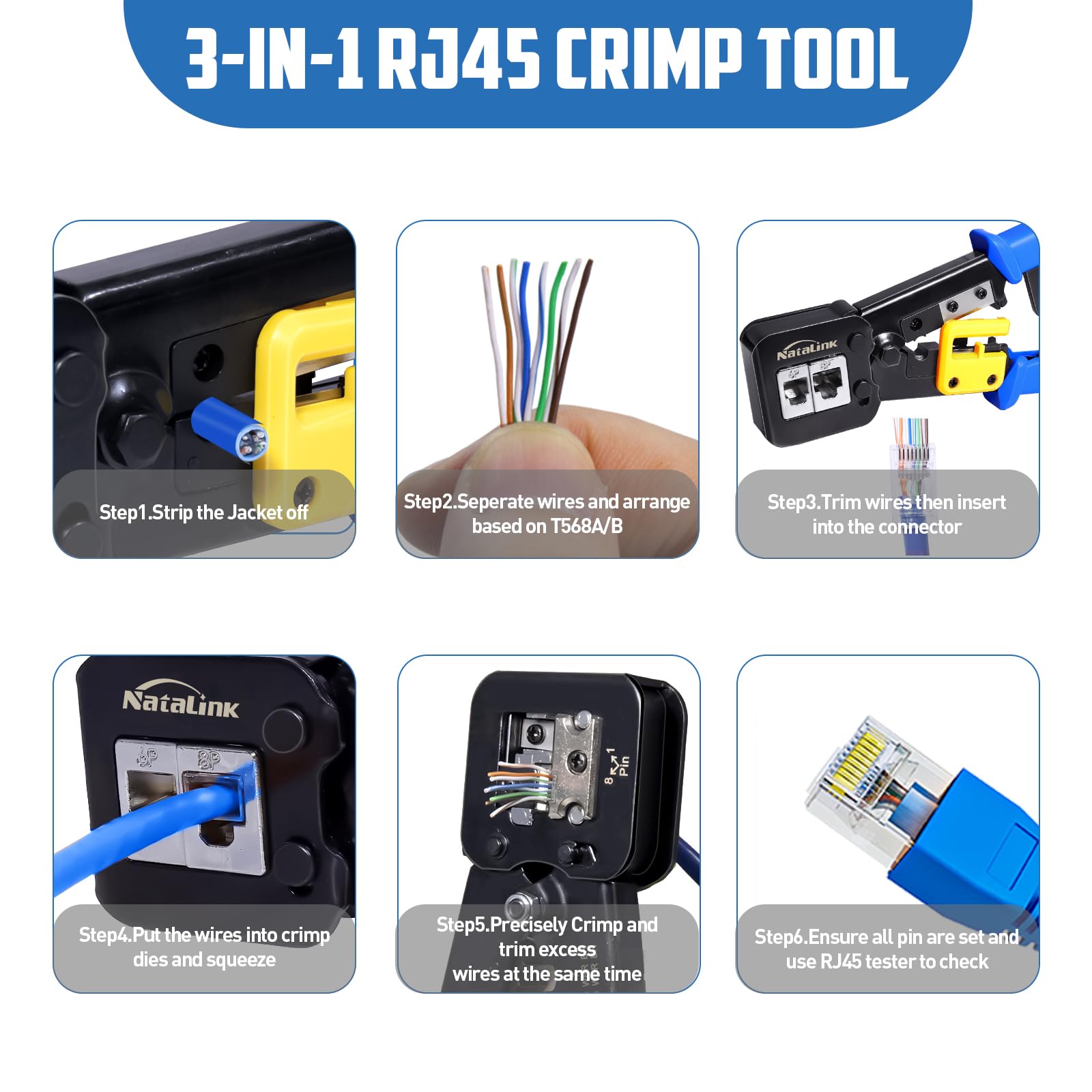 Crimpatrice RJ45 con tester per cavi di rete, mini spellacavi, 50 connettori Cat6 Cat6 Cat 5 e Cat 5 e cavi di sicurezza