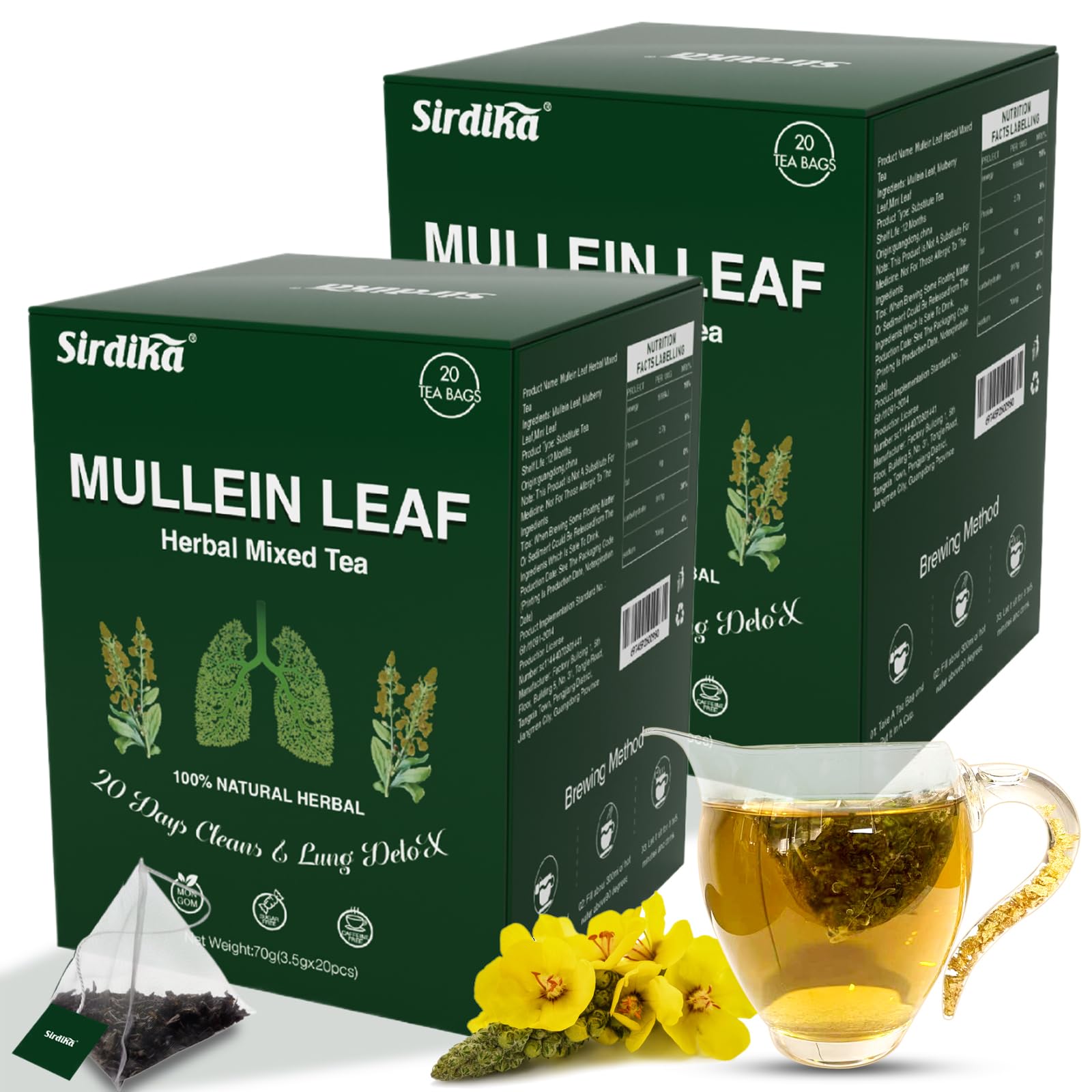 Mullein Tea Bags for Lungs - 20 Teabags (2.47oz/70g), 100% Pure Natural Premium Mullein Leaf, Mint Leaf, Mulberry Leaf for Lungs Cleanse and