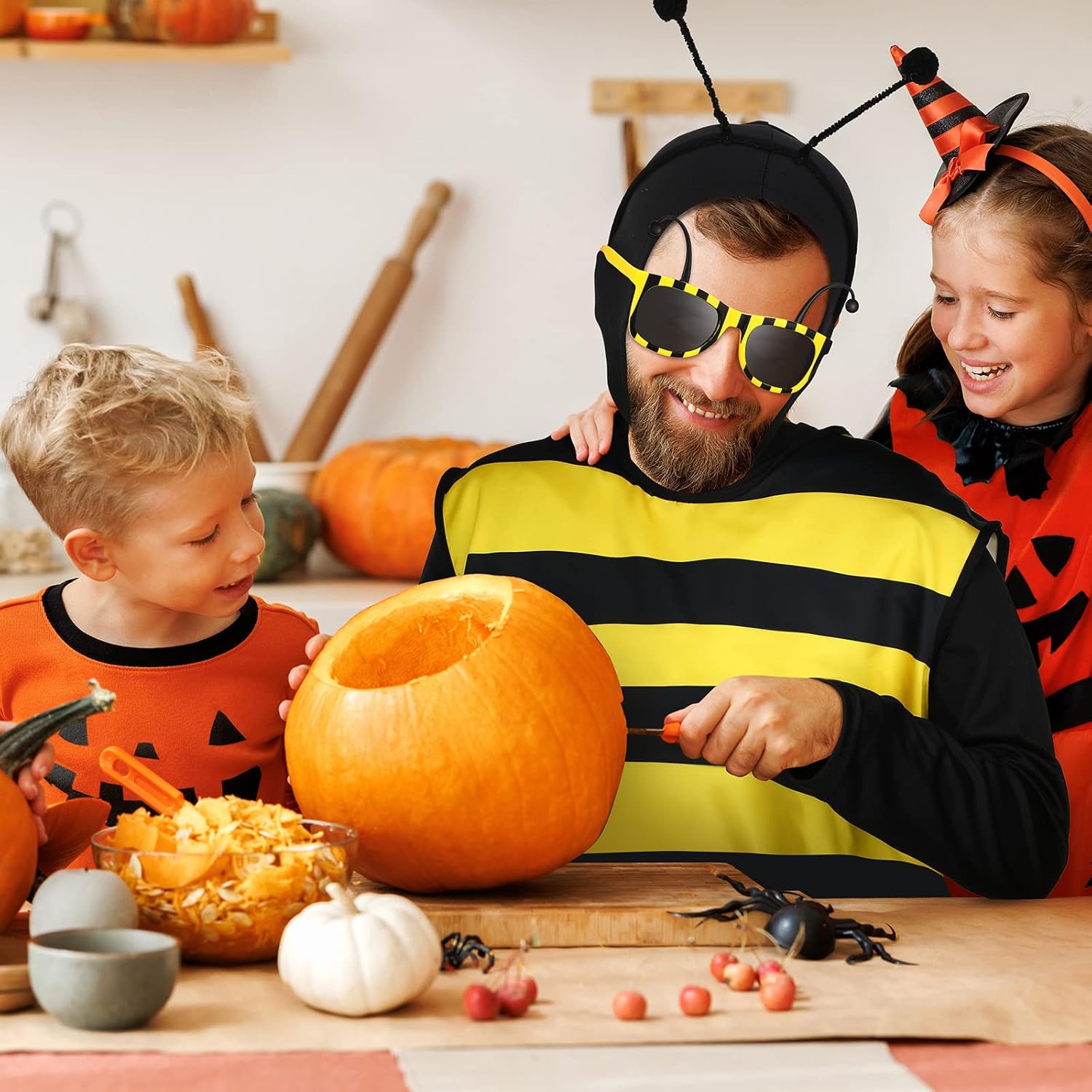 Haull 7 Pcs Adult Bee Costume Kit Men Bumble Outfit Bee Glasses Headband Basket Accessories Funny Halloween Cosplay Party