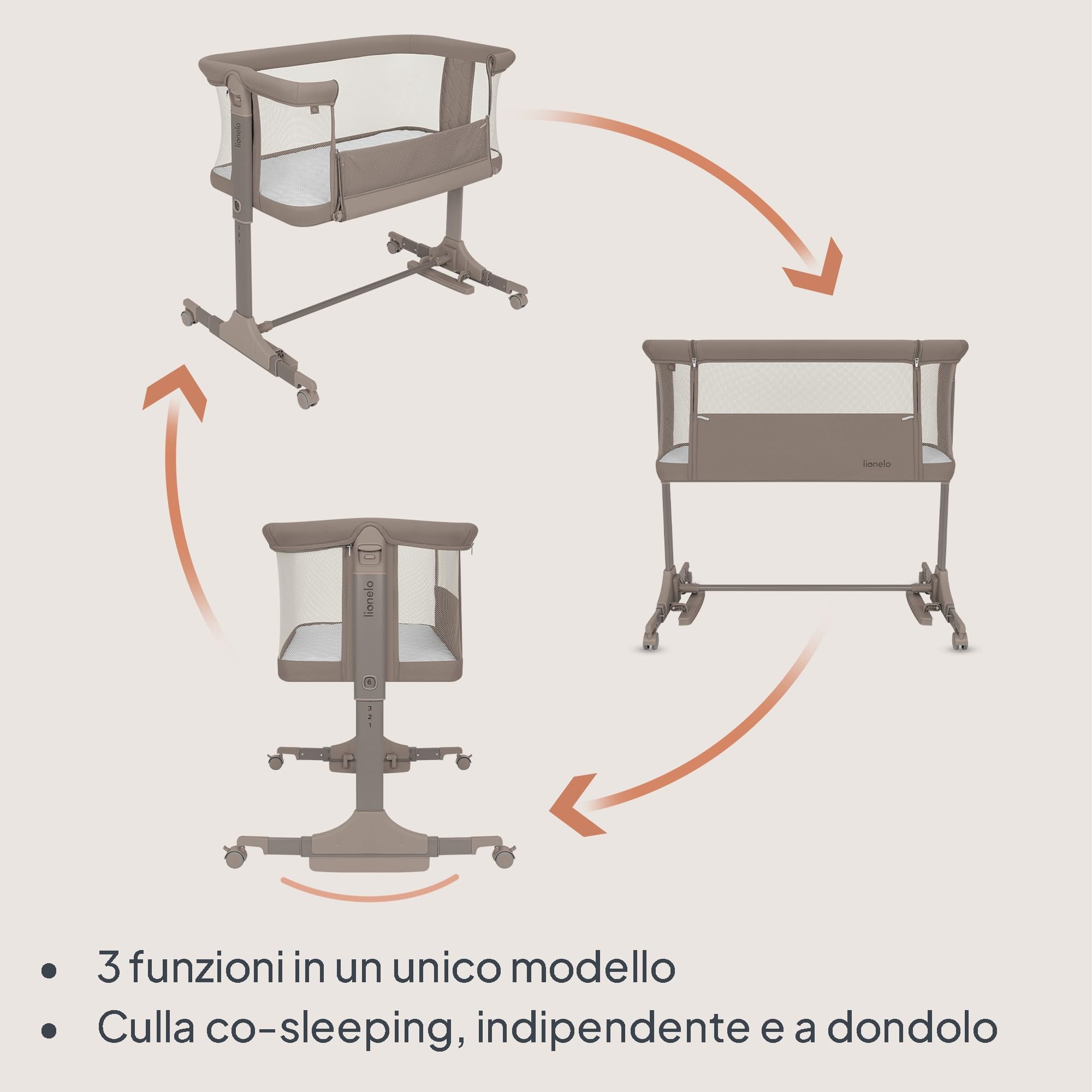 lionelo PARI Culla Co Sleeping Fianco Letto 3 in 1, Regolabile in Altezza 6 Livelli, Materasso T25 2 cm, Ruote con Blocco e Dondolo, Gambe Regolabili per Letto Continentale, Rivestimento Lavabile