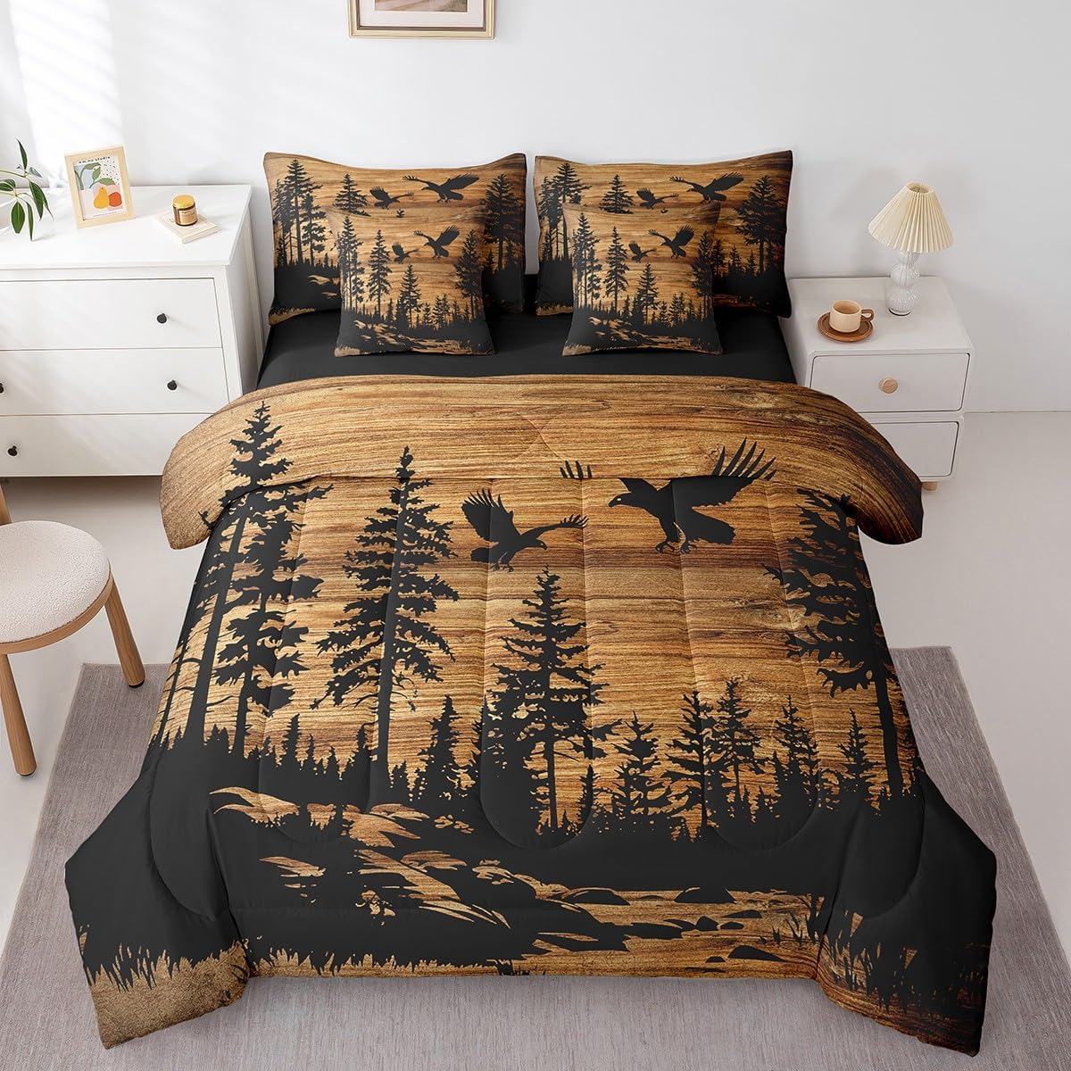 Feelyou Eagle Comforter Set Pieces Queen Size Rustic Cabin Country Bedding Set for Kids Teens Adults Vintage Brown Wood Bed in Bag Comforter Sheets Pillowcases Cushion Covers