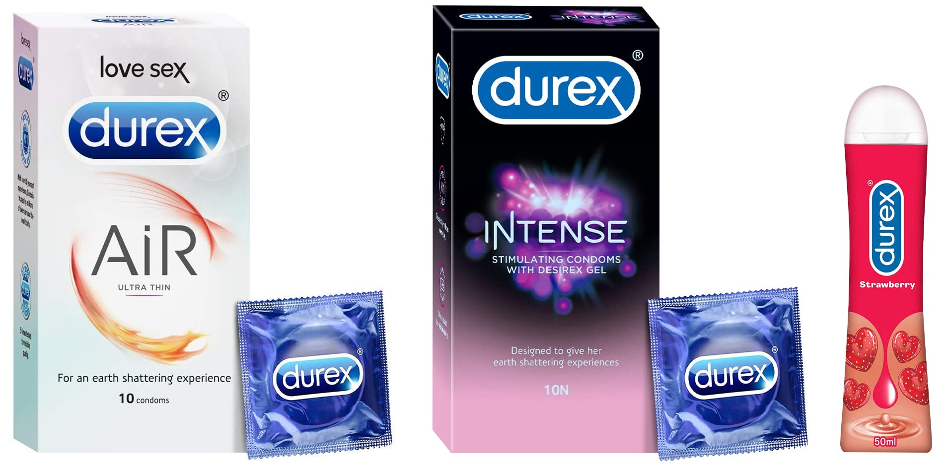 Durex Lube Strawberry Flavoured Lubricant Gel & toys & Air Condoms for Men - 10 Count | Suitable for use with lubes & toys & Intense Condoms for her| Dotted and Ribbed condom with Desirex gel-image-17