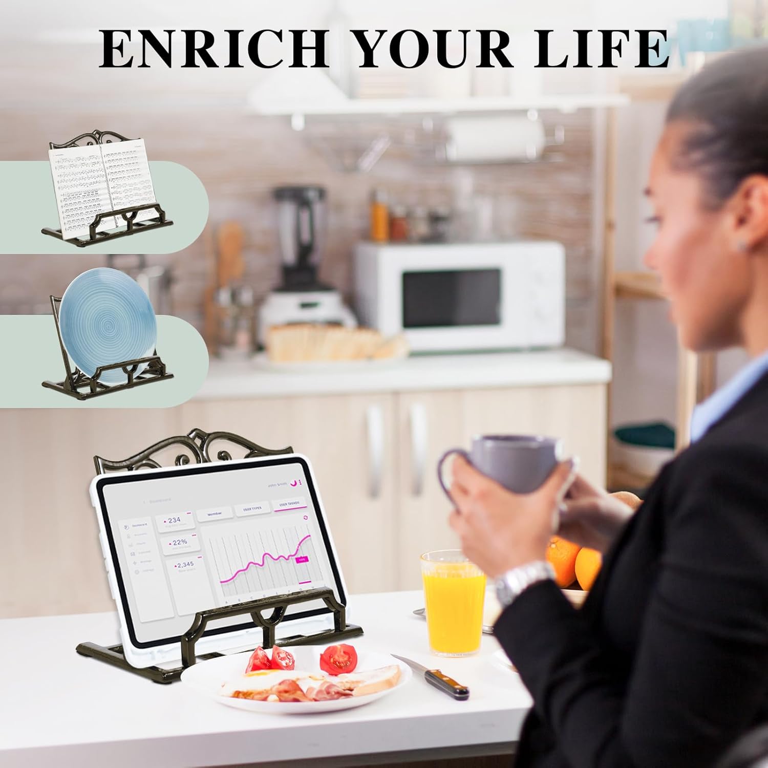 JOGREFUL Cookbook Stand, Cast Iron Heavy-Duty Recipe Book Holder, Kitchen Vintage Recipe Book Holder, Reading Rest Holder for Easel/Counter/Books/Magazine/iPad/Bible, Love Heart Pattern, Coffee Gold