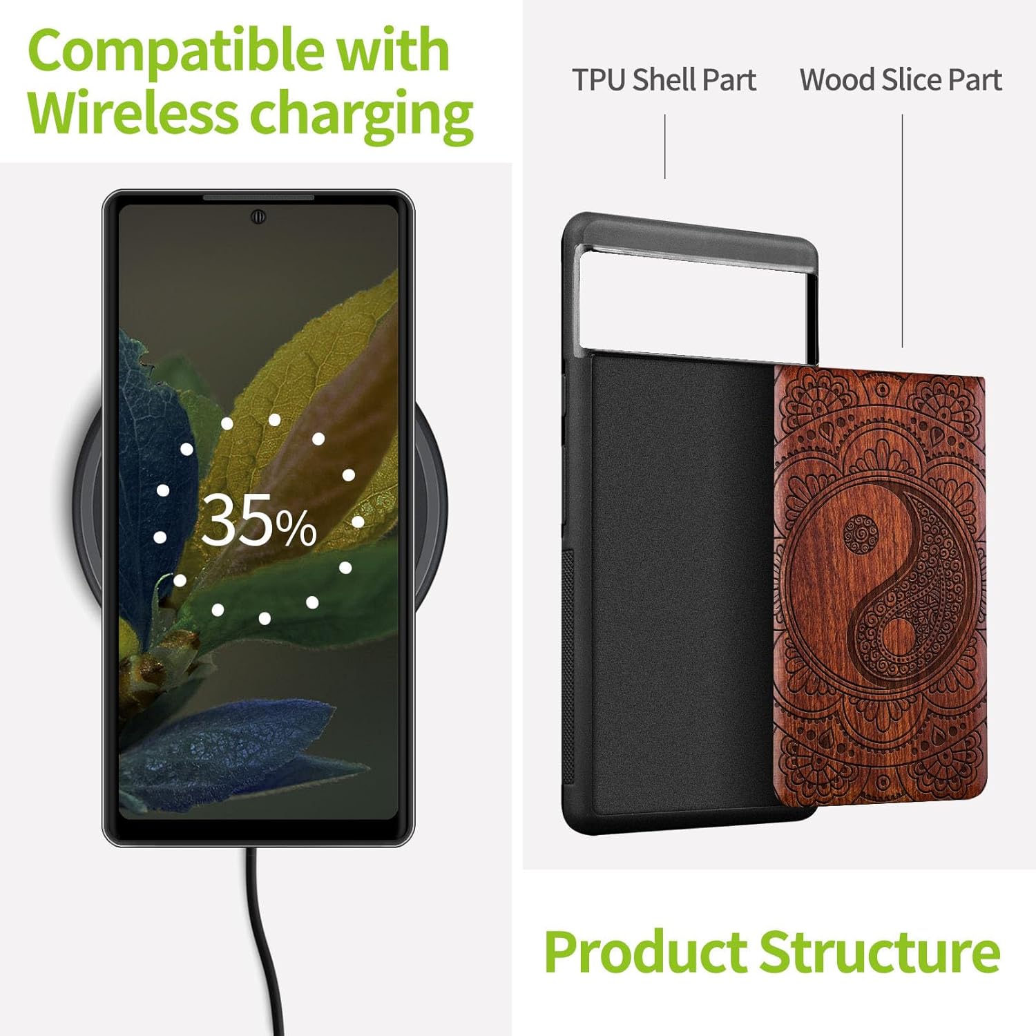Carveit Wood Case for Pixel 8a Case [Natural Wood & Black Soft TPU] Shockproof Protective Unique Wooden Cover Compatible with Google Pixel 8a (Yin-Yang Mandala-Rosy)
