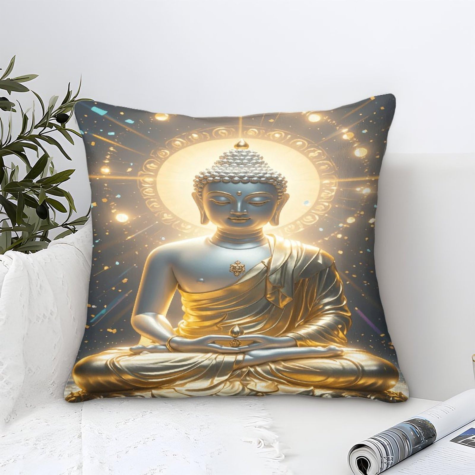 Dafufbw Buddha Statue-2 Buddha Statue Printed Throw Pillow Covers Home Bedroom Living Room Decorative Gifts Square Pillow Case Shakyamuni Golden Statue, 40X40cm