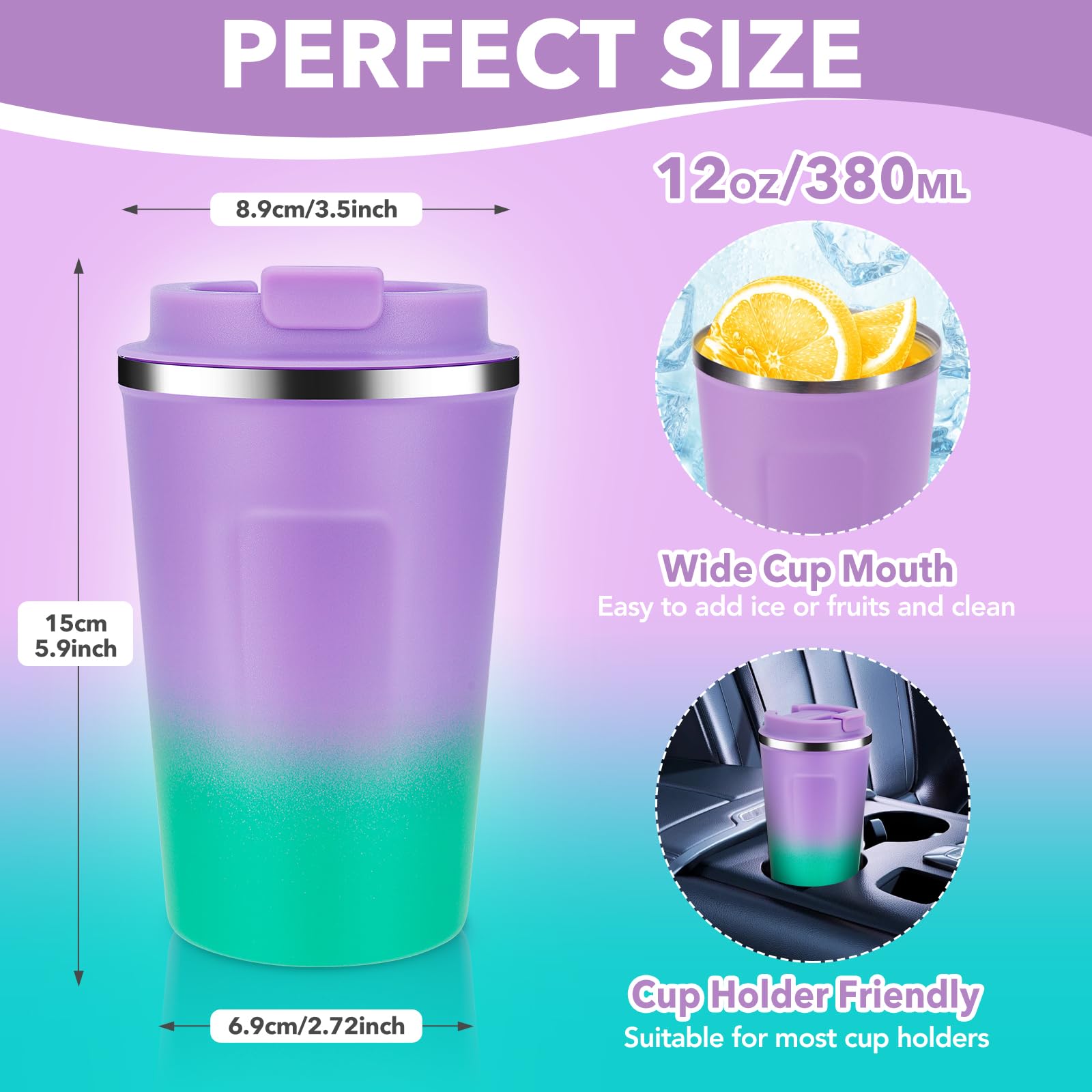 Volhoply 340ml 12oz Double Wall Insulated Vacuum Travel Coffee Mug with Flip Lid Bulk 2 Pack,Reusable Stainless Steel Leak Proof Coffee Cup,Cafe Thermal for Cold & Hot Drinks(Purple Green,2 Set) - Image 2