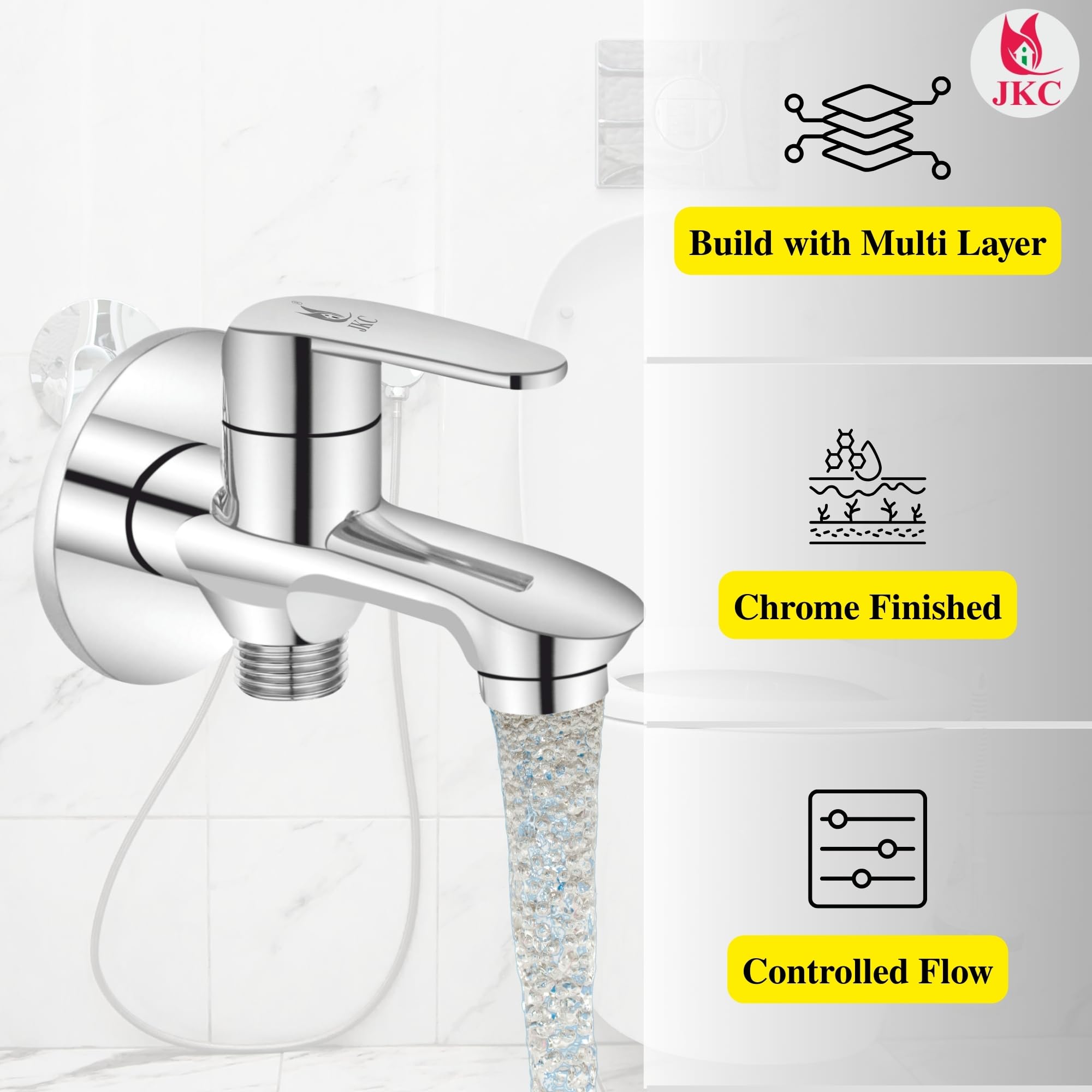 JKC Advanced Single Lever Two Way Bib Tap with Ceramic Cartridge, Dual Tap for Washing Machine, 2 in 1 Tap Functionality, Includes Wall Flange and Teflon Tape, Chrome Finished 2