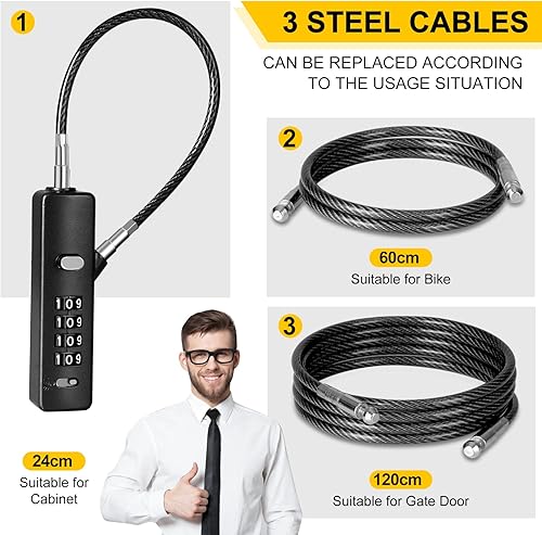 Miniatura 2 de DELSWIN Cerraduras de cable con combinación, cerradura de puerta de 4 dígitos con 3 cuerdas de acero (9 pulgadas23.6 pulgadas47.2 pulgadas), bloqueo