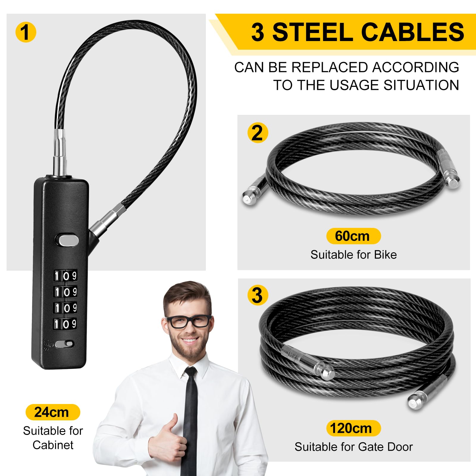 DELSWIN Cable Locks with Combination, 4-Digit Gate Lock with 3 Steel Ropes (9'' /23.6'' /47.2''), Security Cable Lock for Luggage,Helmet,Gym Locker,Cabinet,Gate,Scooter,Bike(Black)