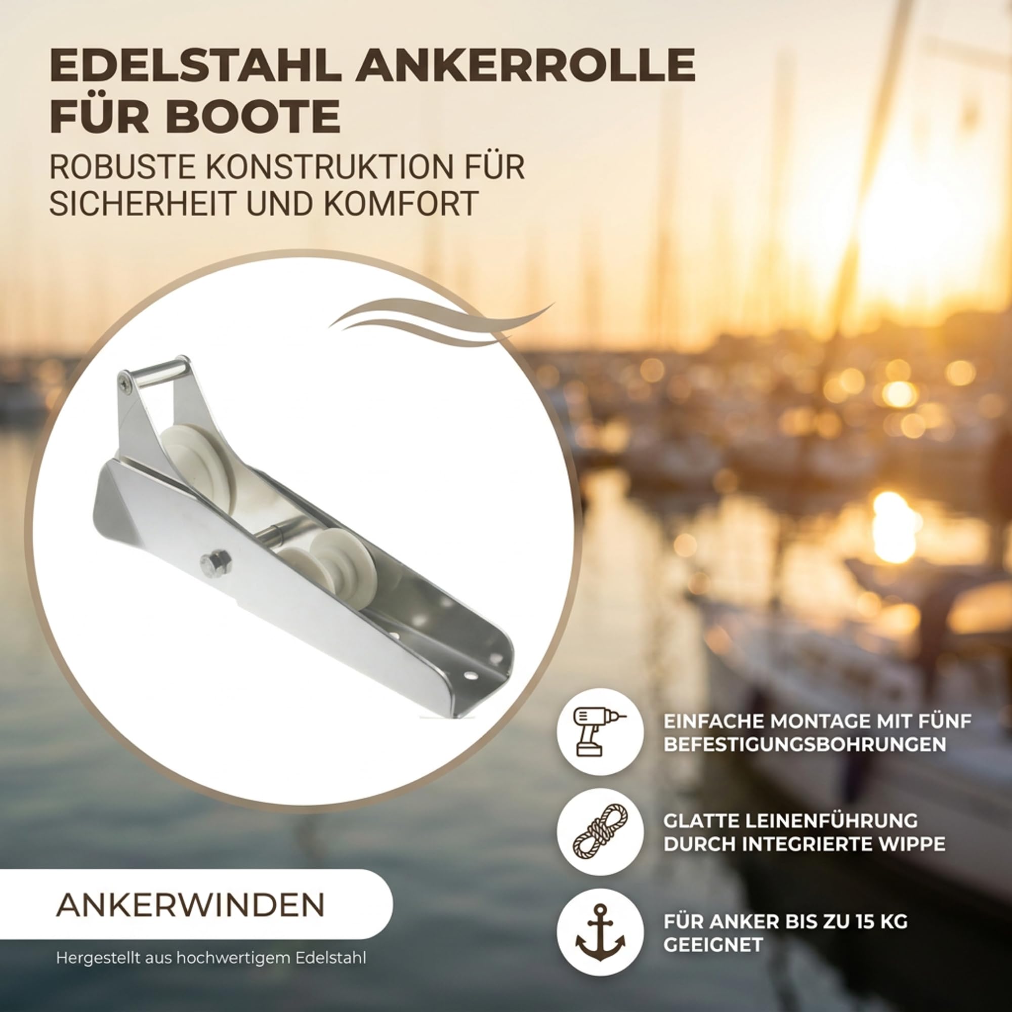 ARBO-INOX Bugrolle mit Wippe – Edelstahl-Ankerrolle – 33 cm für Boote