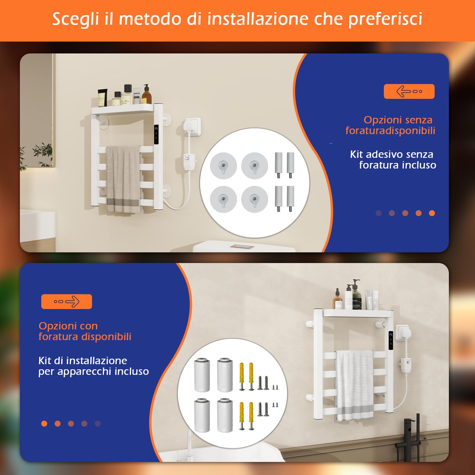 YU YUSING Scaldasalviette Elettrico Bagno 47x40x11cm, Termoarredo Bagno Intelligente con Un Ripiano, Asciugamani con Radiatore da Parete, Portasciugamani, 72W, Display LED, Touch Contro, Bianco