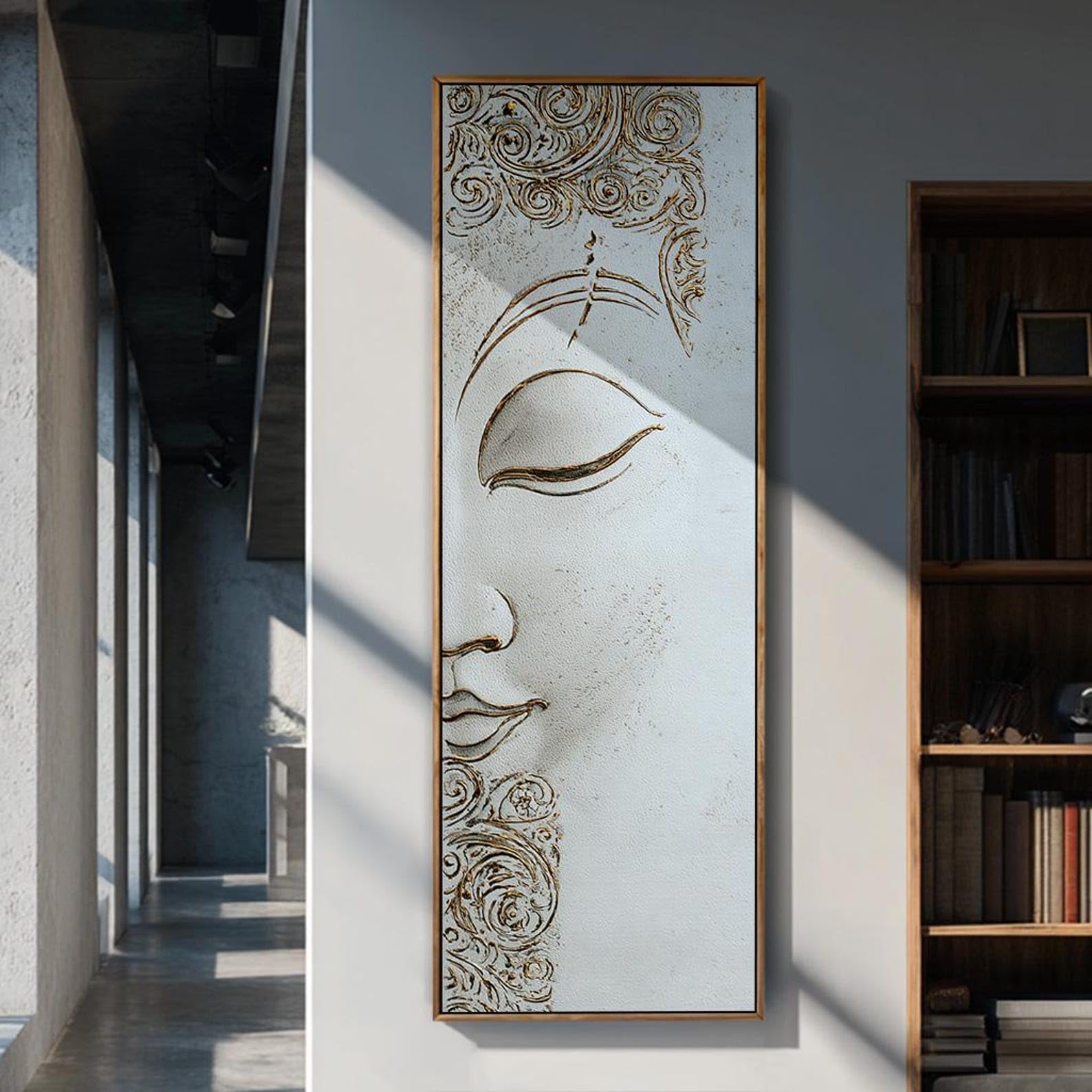 XBTYKPB Cuadro vertical de Buda en lienzo, pintura alta y estrecha para meditación, pieza de inspiración espiritual, decoración para sala de yoga (60x180cm/marco interior).