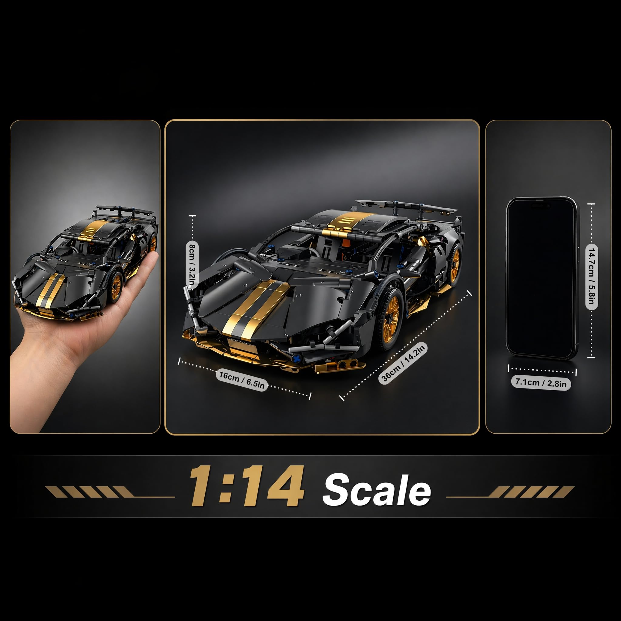 Macchina RC Supercar Nera 790 Mattoncini 1:14 – Porte Apribili LED 2.4GHz App | Kit Costruzione Auto Telecomandata Regalo 10-12 Anni STEM | Kit Completo