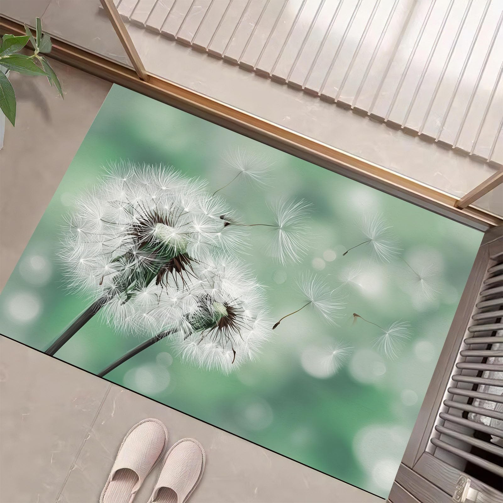 Felpudo diente de león verde menta de 50x80 cm con base antideslizante lavable para el hogar