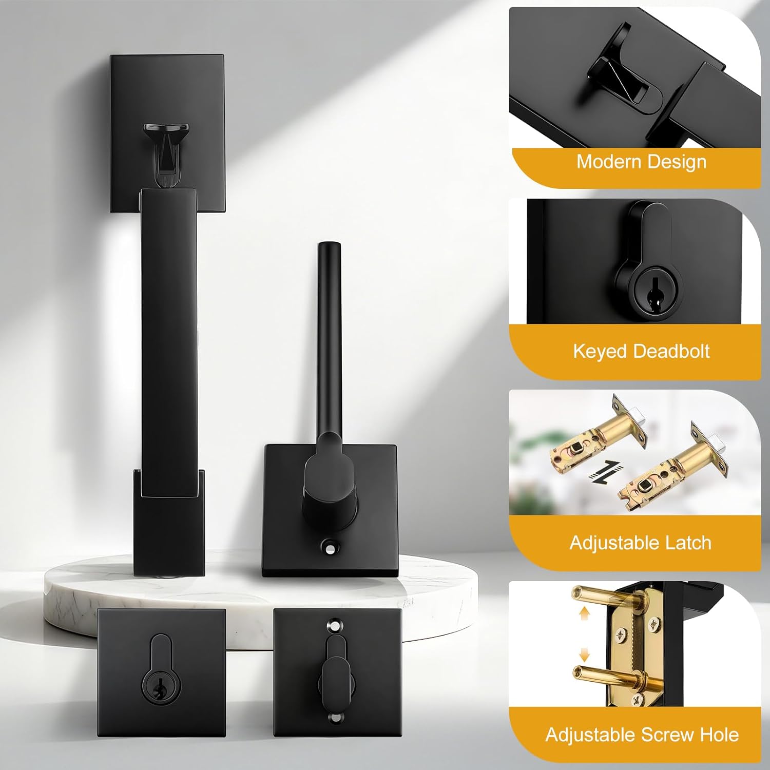 Probrico Front Door Lock Set, Matte Black Front Door Handle and Single Cylinder Deadbolt Combo Set, Heavy Duty Exterior Door Lock, Right or Left Handed, 1 Set