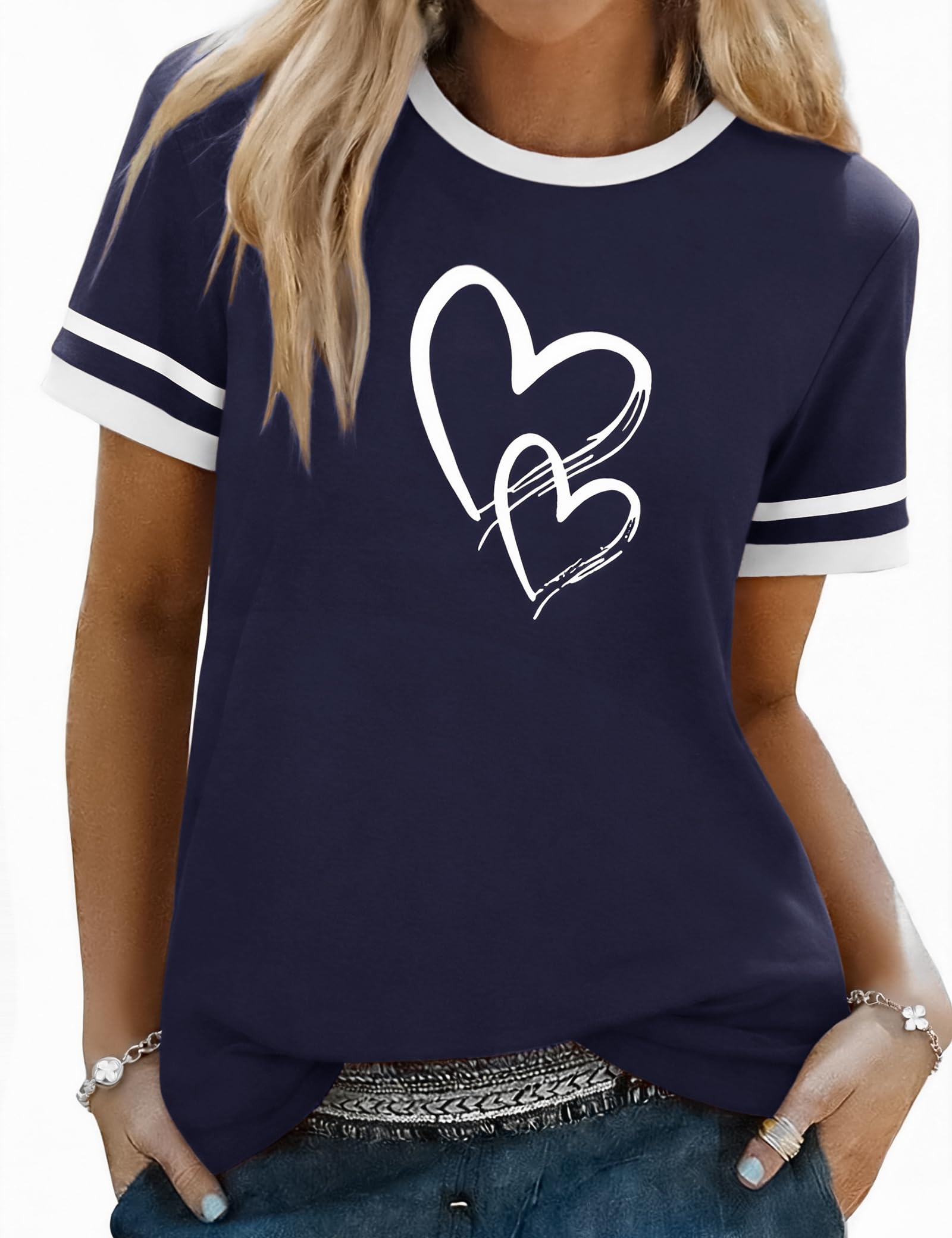 Aottori T-Shirt Damen Baumwolle Rundhals Kurzarm Oberteil Sommer Basic mit Herzen Print Tee Shirts Frauen Stretch Oversize Top Casual