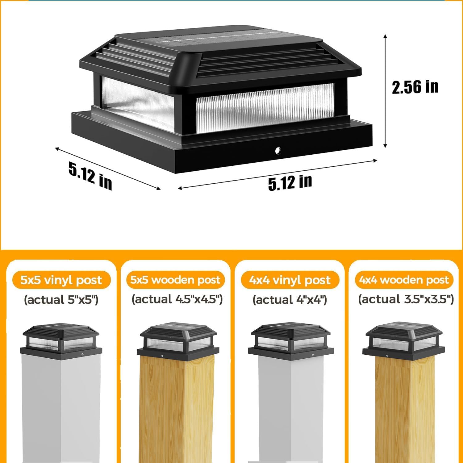 4 Pack Solar Post Cap Lights Outdoor with Flickering Flame & 3 Color Temps, Solar Fence Post Lights Fit for 4x4 5x5 Vinyl/Wooden Posts,IP65 Waterproof, Dusk to Dawn SMD LED Decor for Garden Deck Patio
