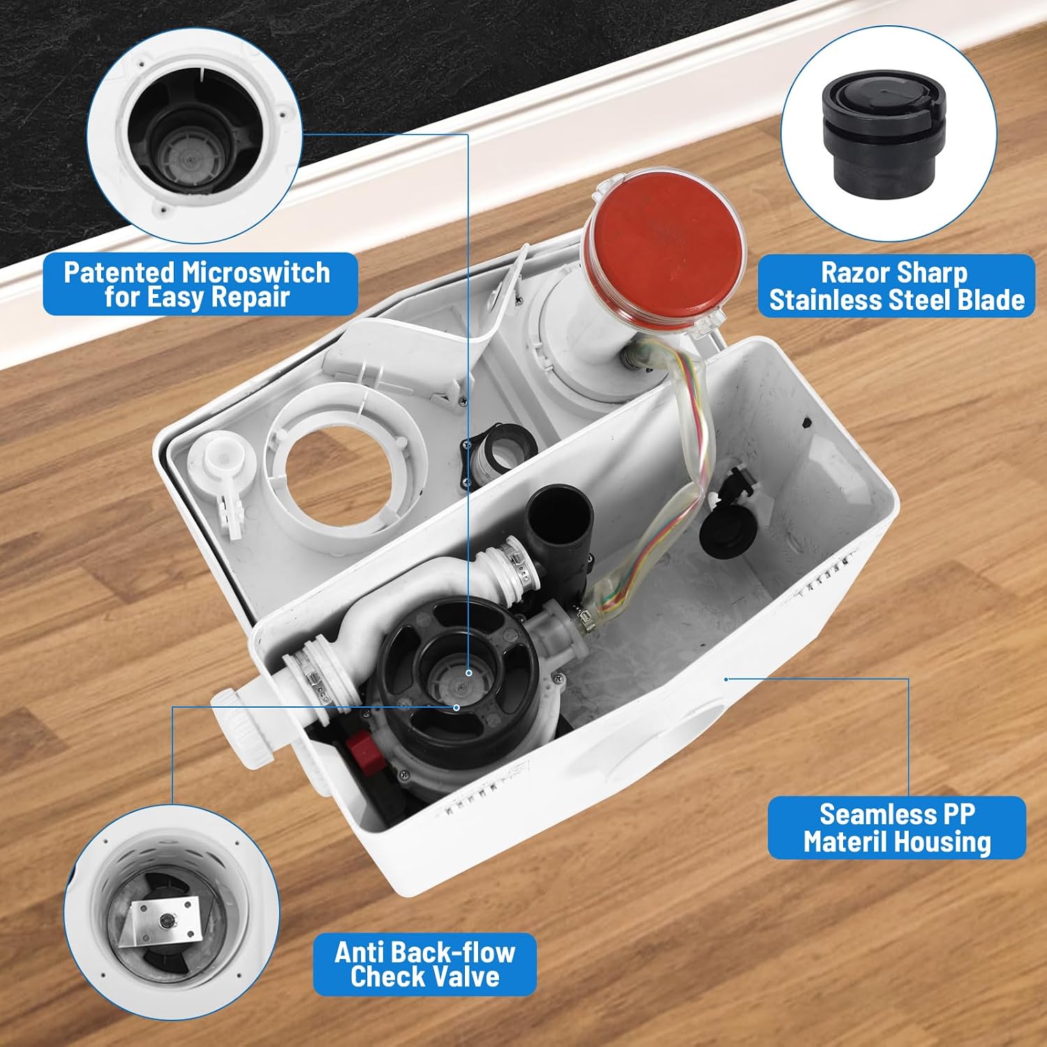 Diagram showing discharge pipe connection options and recommended pipe sizes for Flodream Macerator Pump