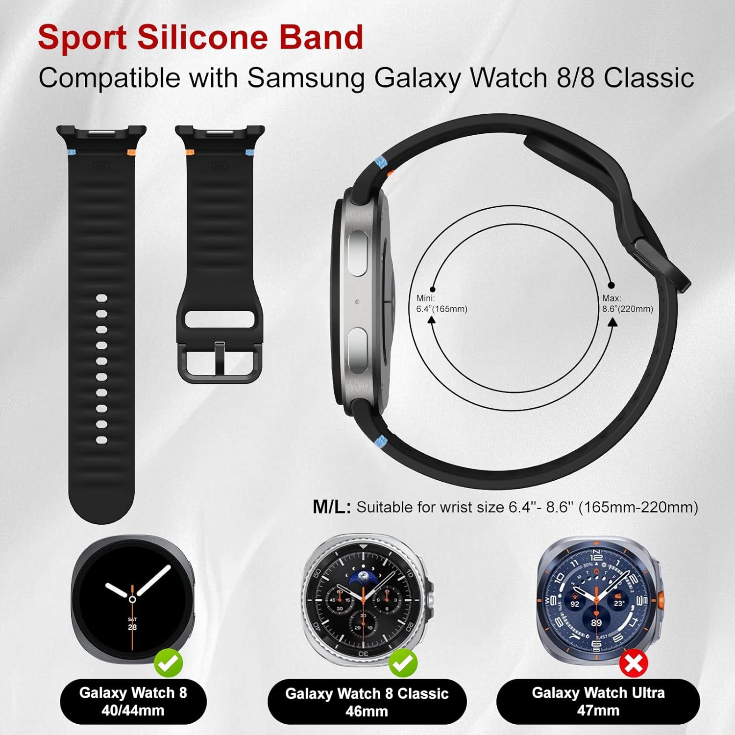 Sport Bands Compatible for Samsung Galaxy Watch 8/8 Classic Band,No Gap One Click Soft Silicone Replacement Strap for Galaxy Watch 8 40 44mm/8 Classic 46mm Men Women-6 Packs - Image 2