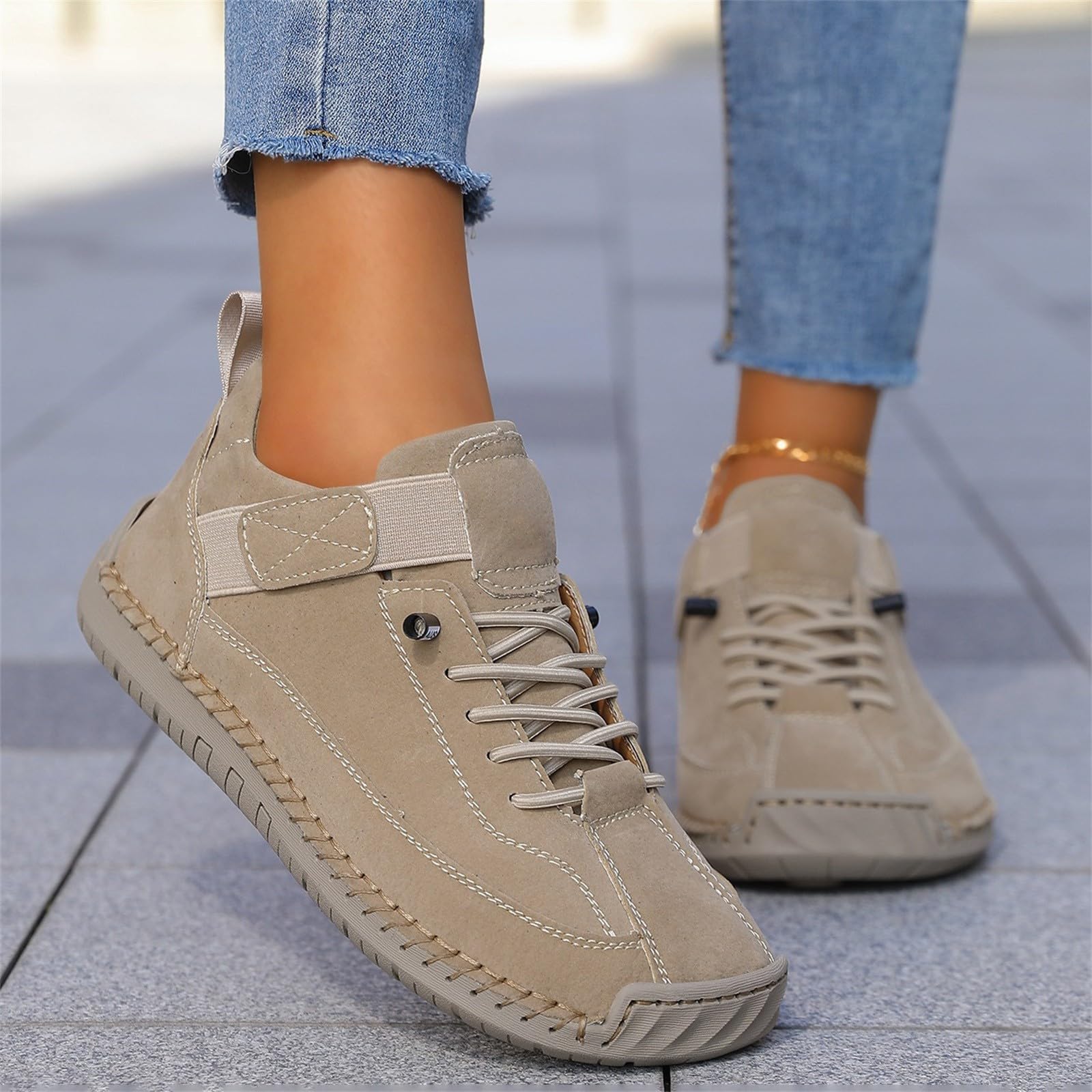 Zapatos casuales de ajuste ancho para mujer, ligeros, cómodos, planos, beige, 39 EU