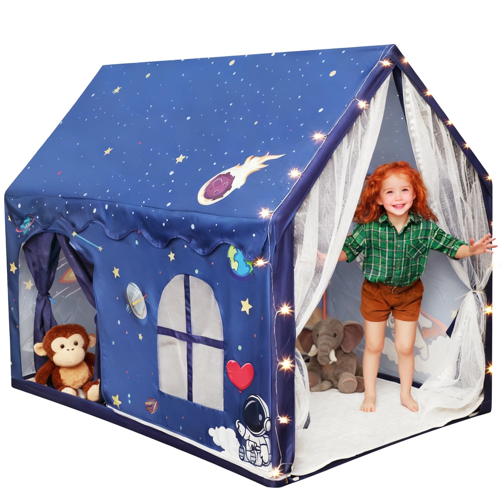Photo 1 of Kids Space Tent Indoor Playhouse-with Star Light, Padded Mat, Extra Large Bedroom Play Tent, Double Curtain, Two Door Access for Toddler Boys, Astronaut Spaceship Kids Tent Toys