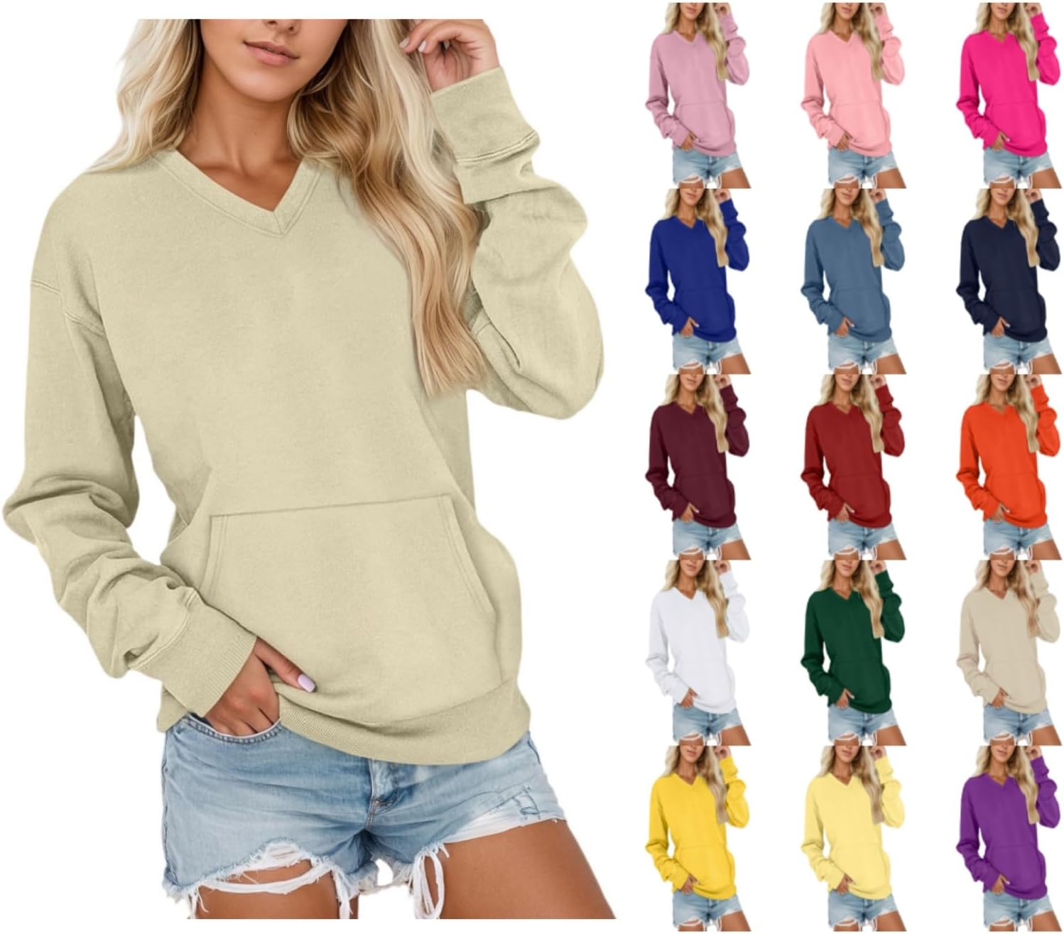 V Neck Sweatshirt Women with Pocket No Hood Comfy Soft Fall Winter Outfits Lounge Long Sleeve Casual Pullover Top