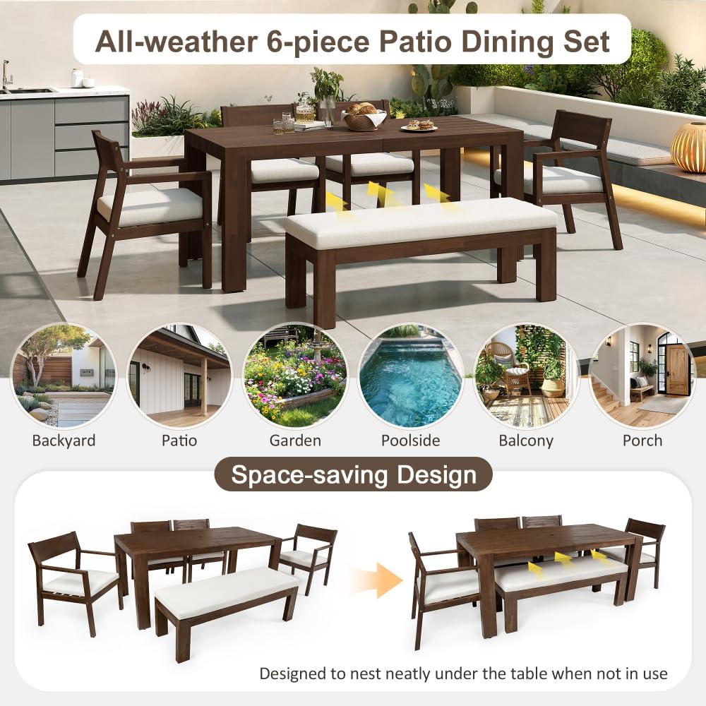 Outdoor Dining Table Set for 6 People with Umbrella Hole, Rectangular Patio Furniture Including Chairs and Bench with Removable Cushions for Backyard Garden Poolside Use
