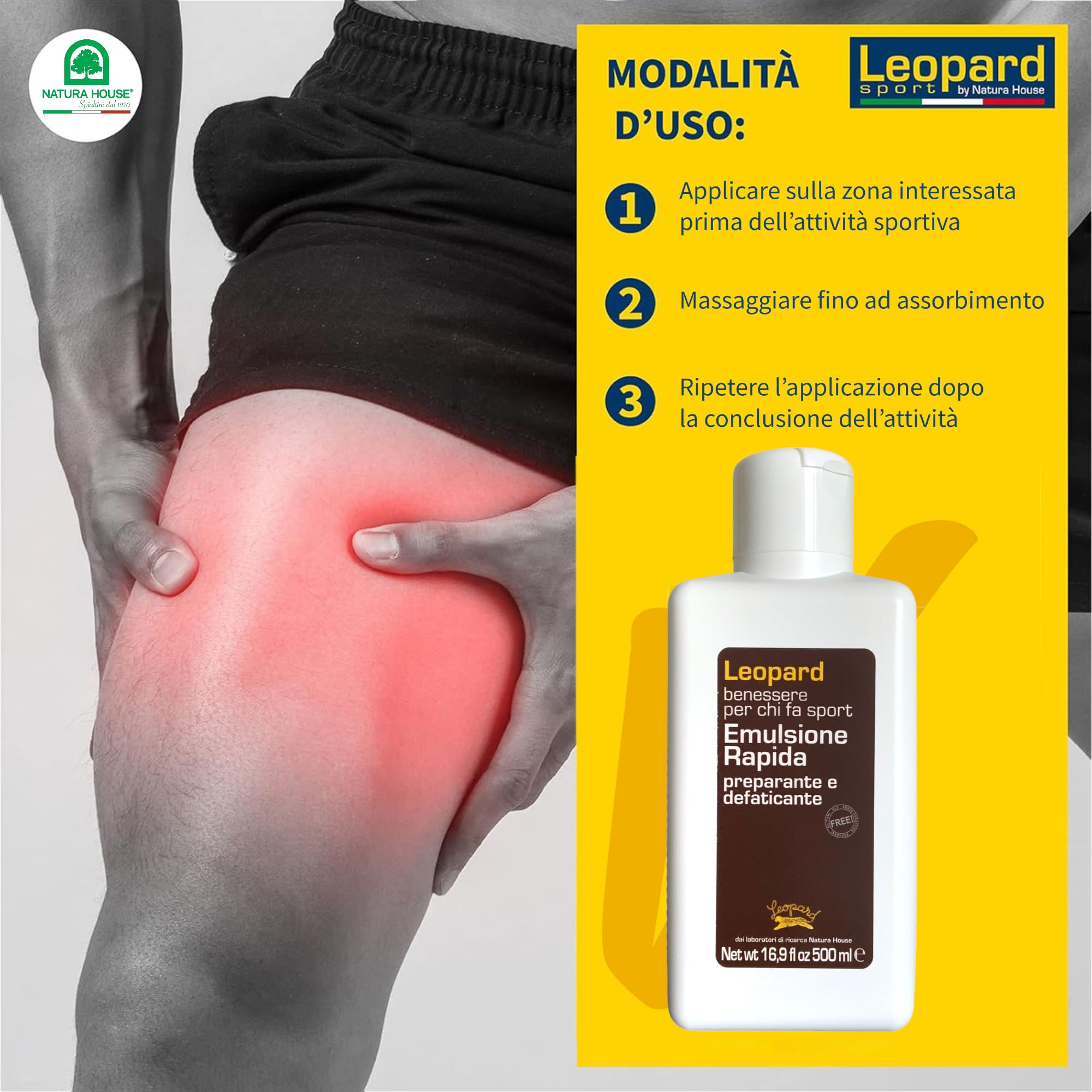 LEOPARD SPORT Emulsione Rapida Massaggio Pre e Post Attività, Crema Defaticante Gambe Sport, Crema Riscaldante Muscoli Sportiva con Arnica e Oli Essenziali, 500ml, 98,4% Naturale