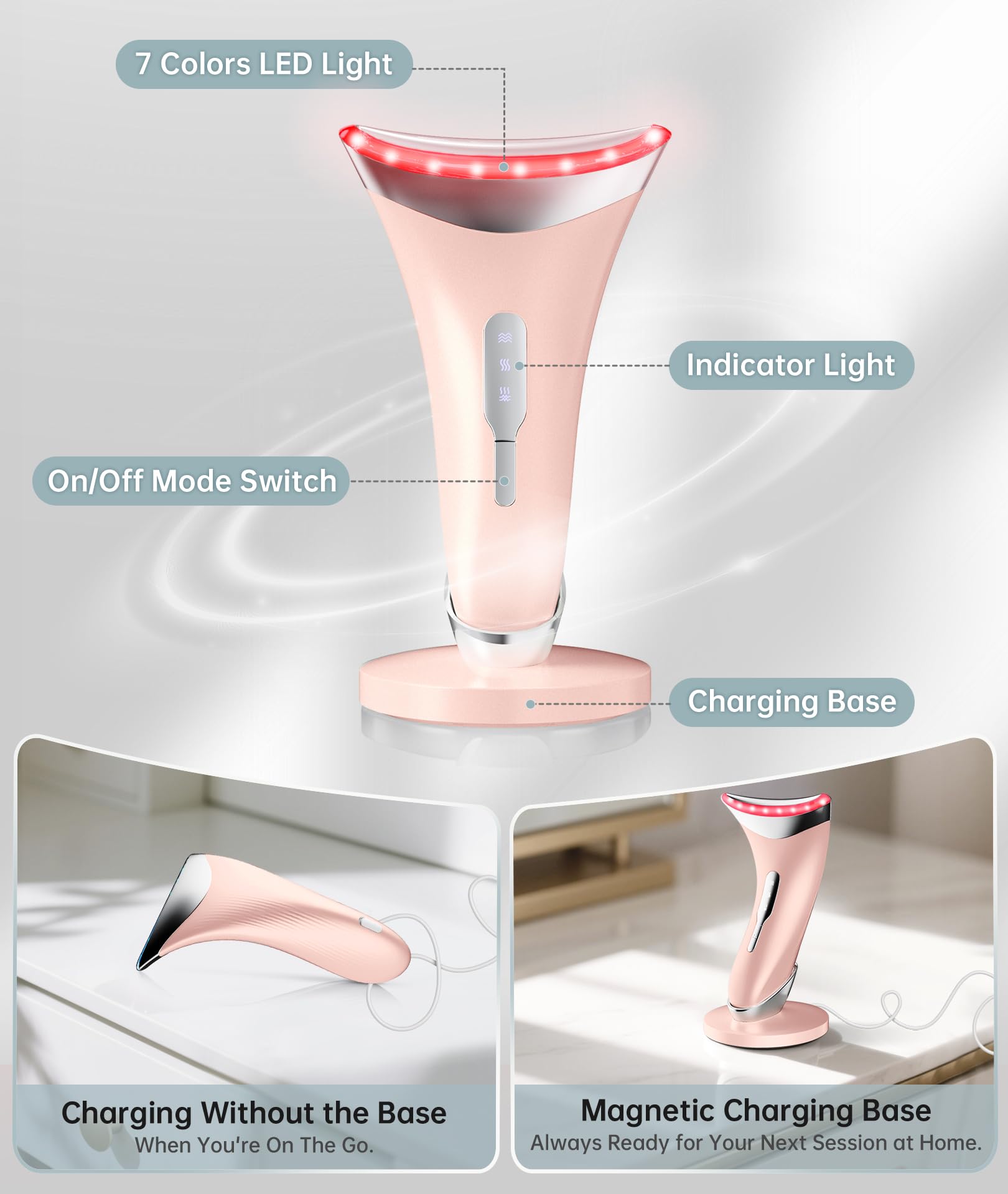 Dopsikn Masseur facial à 7 couleurs avec vibration réglable et thermiques pour les rides, double menton, outil de soins de la peau à lumière rouge avec base, rose