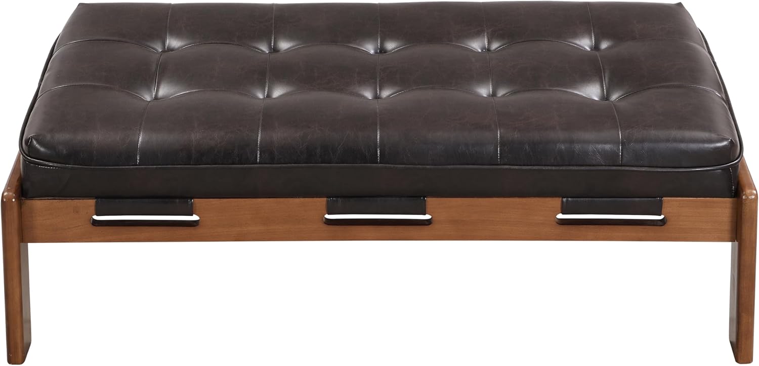 Christopher Knight Home Penley Modern Rectangular Faux Leather Upholstered Living Room Ottoman Bench/Coffee Table, Rubberwood Frame, Tufted Large Sofa Footstool, Multi-Functional, Dark Brown+Walnut