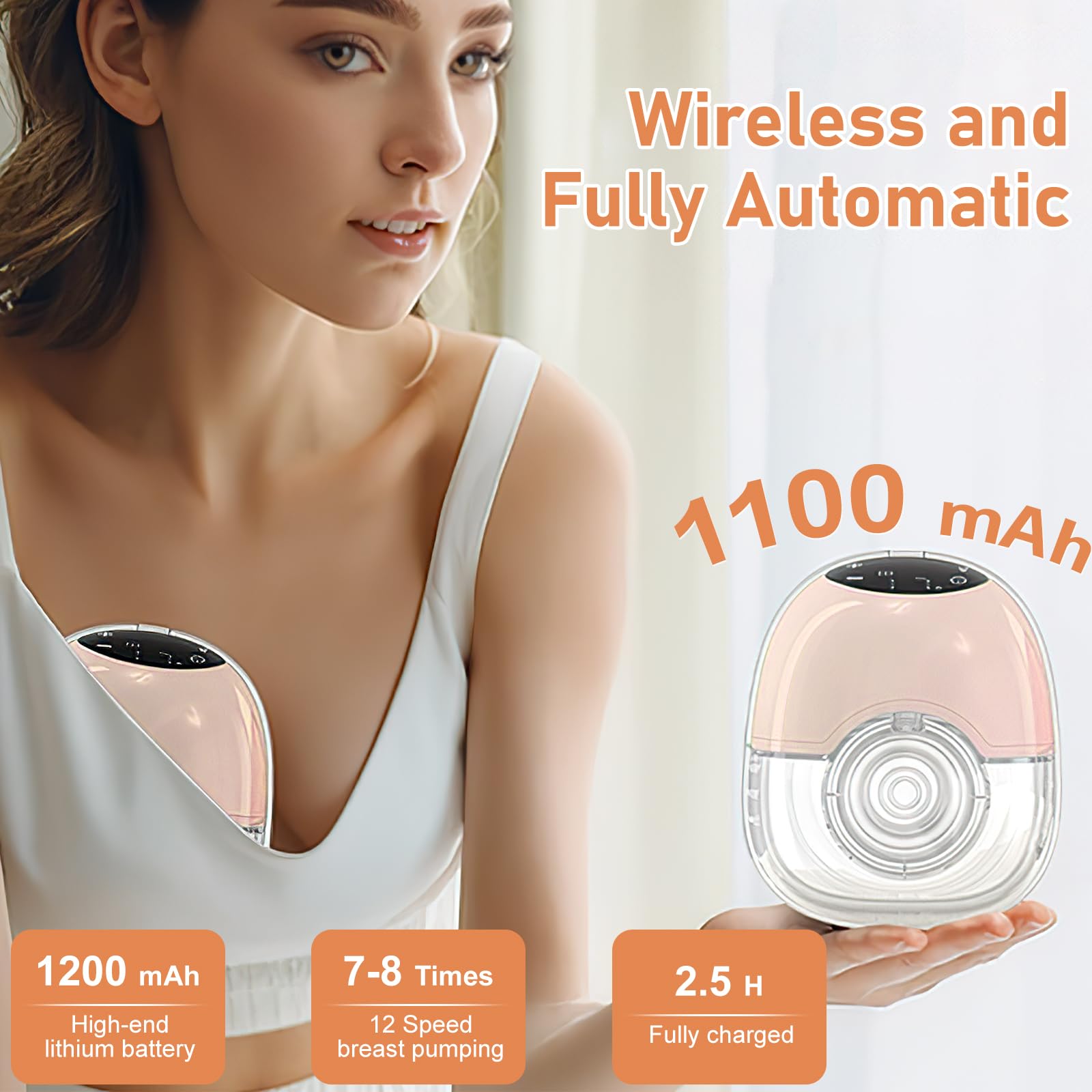 Tiralatte Elettrico Portatile, Tiralatte a Mani Libere Ricaricabile con 4 Modalità e 12 Potenze, Tiralatte Elettrico a Basso Rumore con Flangia da 17/19/21 mm