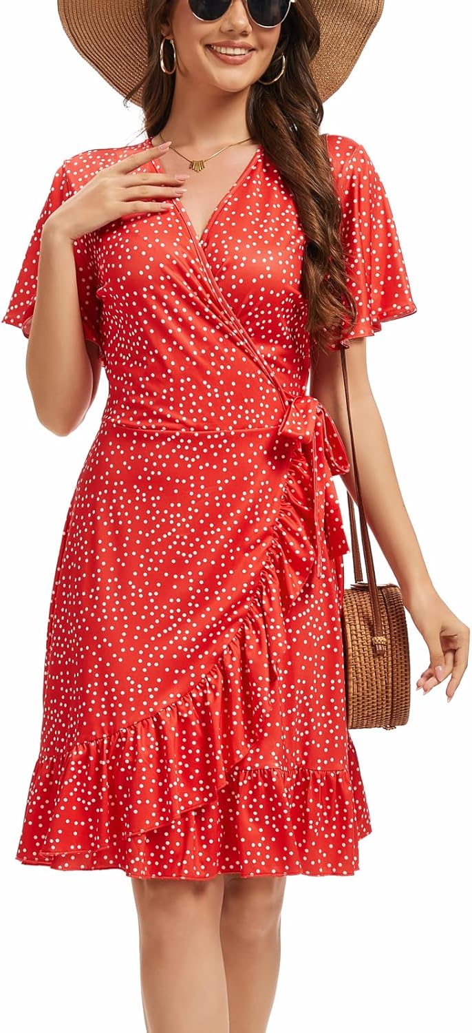 Womens Sundresses Summer Floral Short Sleeve V Neck A-Line Ruffle Hem Midi Casual Vacation Dresses 2025