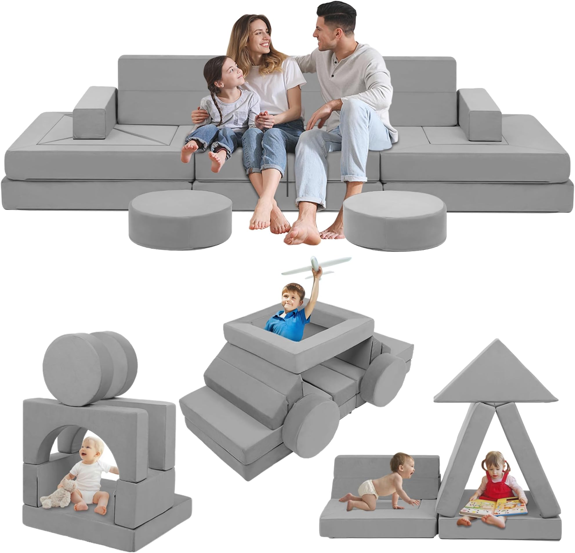 Edbuosy 22Pcs Modular Kids Play Couch - Kids Couch for Playroom Bedroom Living Rooms Toddler Sofa for Inspiring Child Creativity，Children Convertible Sofa Foam Couch (Grey)