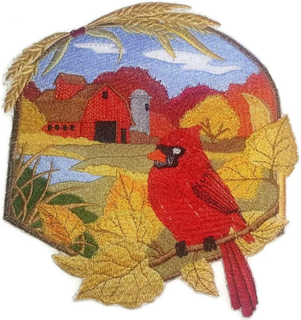 BeyondVision Custom and Unique Country Autumn Cardinal and Barn Embroidered Iron on/Sew Patch [6.91" *7.21"] [Made in USA]